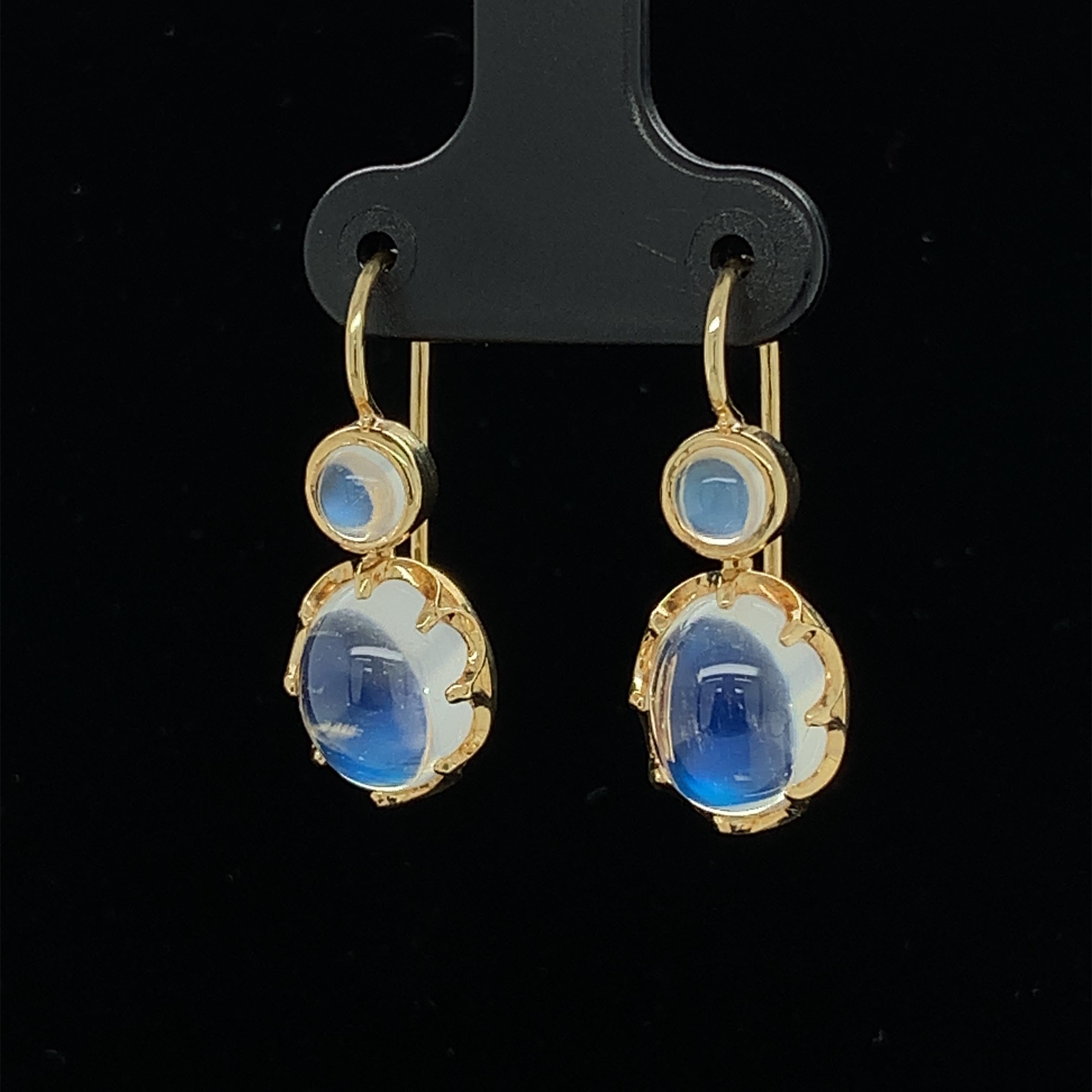 6.74 ct. t.w. Moonstone Oval, Round Cabochon, Yellow Gold Wire Drop Earrings 3