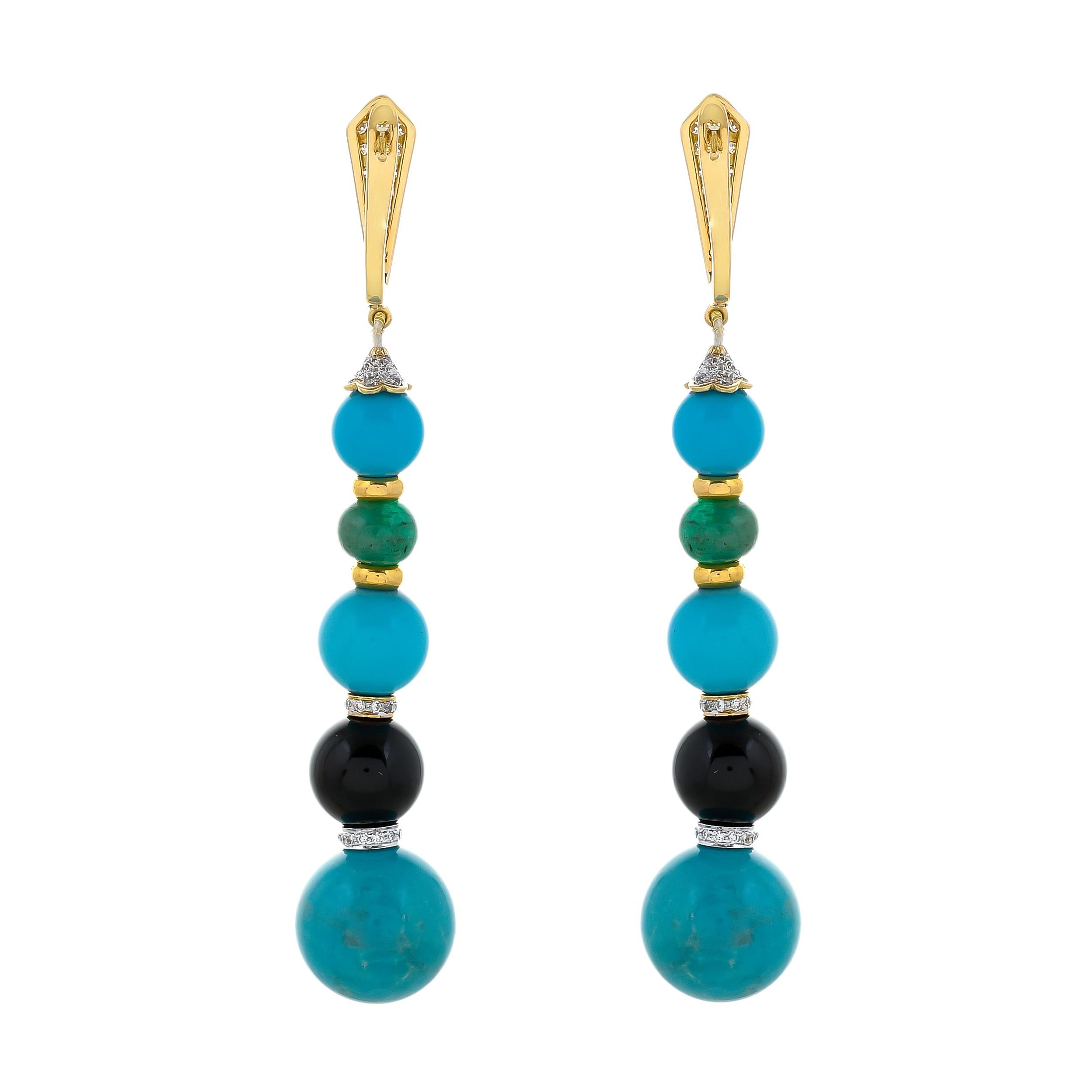Modern 67.40 Carat Turquoise Black Onyx Emerald 18 Karat Yellow Gold Dangle Earrings For Sale