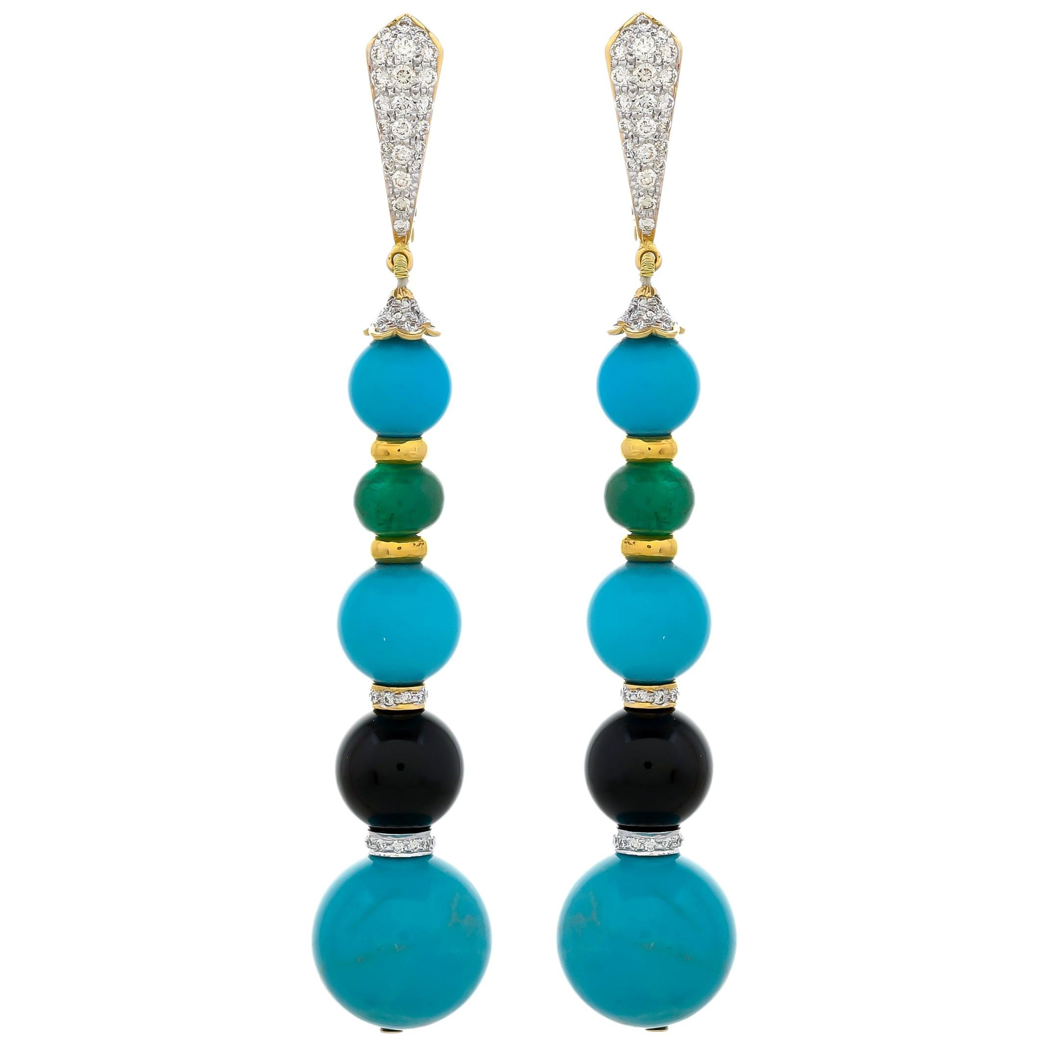 67.40 Carat Turquoise Black Onyx Emerald 18 Karat Yellow Gold Dangle Earrings For Sale