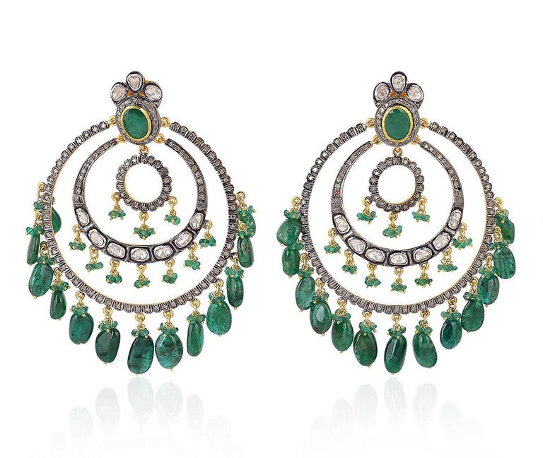 67.41 Carat Emerald Rose Cut Diamond Earrings For Sale at 1stDibs