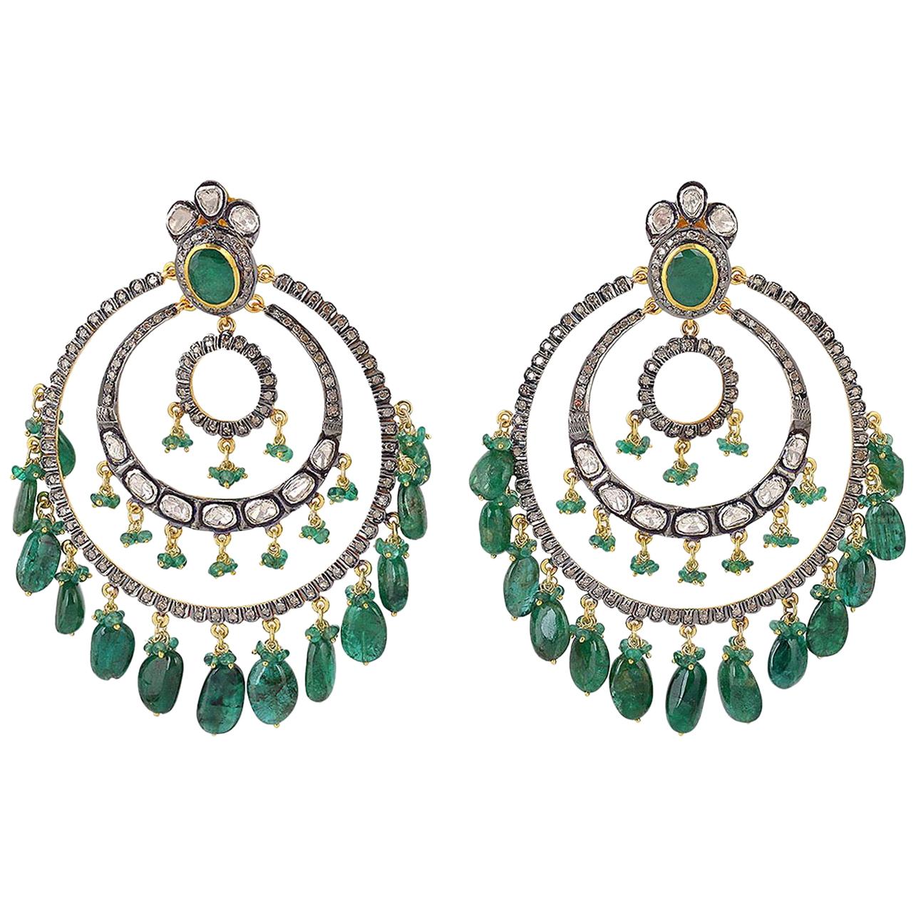 67.41 Carat Emerald Rose Cut Diamond Earrings For Sale