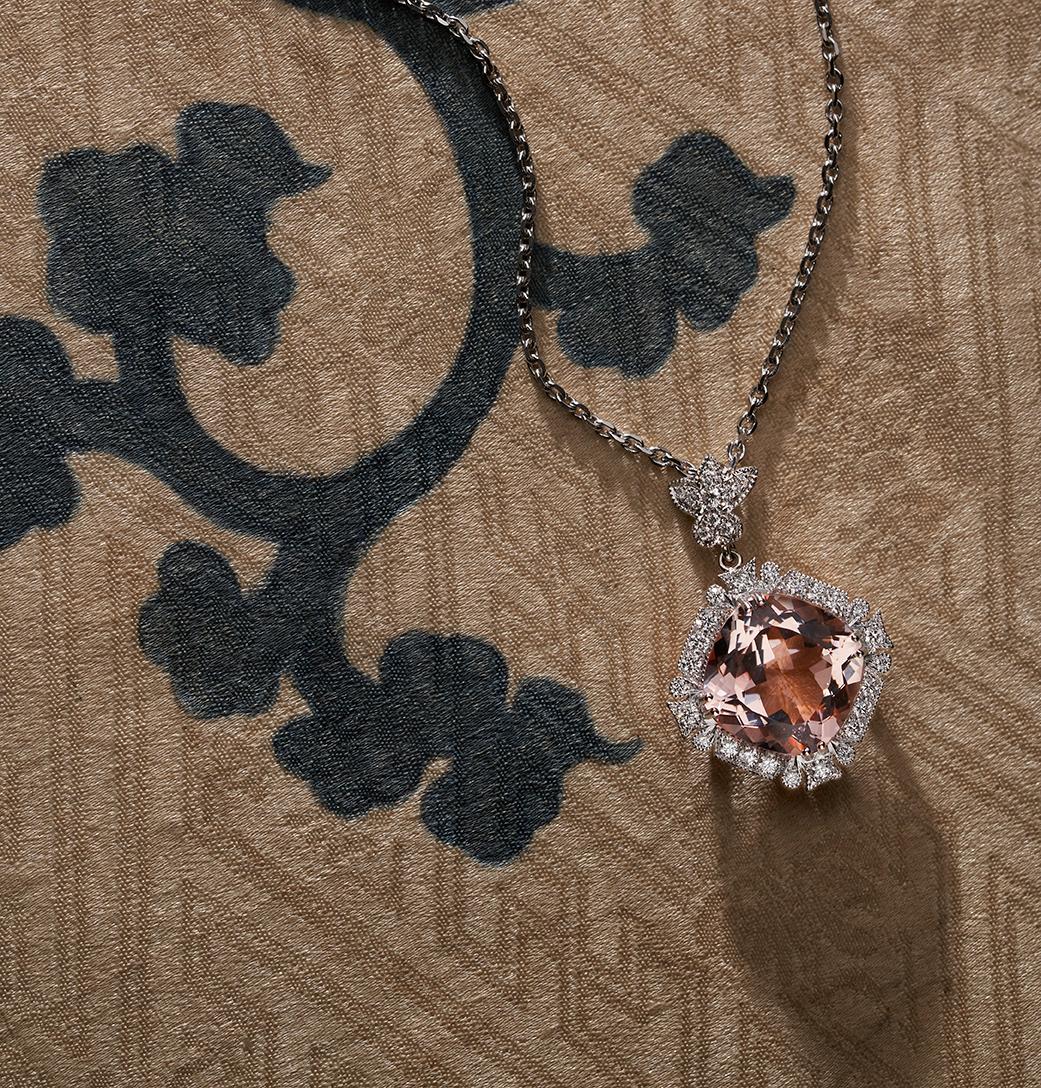 Belle Époque 6.74 Carat Morganite and White Diamond Pendant, 0.45 Carat D/E, VVS For Sale
