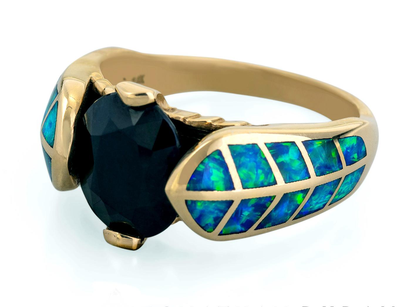 14 karat gold precious Australian opal inlay ring designed by International award-winning jewelry designer, Jonathan Duran, with the 