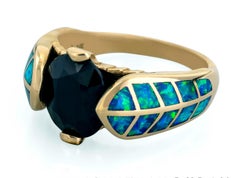 6.75 Carat Black Sapphire and Australian Opal Inlay "Hawk Feather" Gold Ring