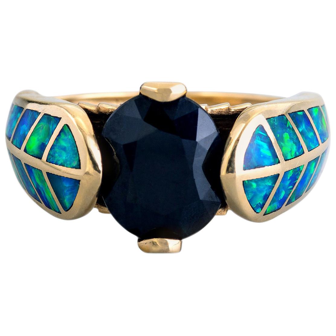 6.75 Carat Black Sapphire and Australian Opal Inlay "Hawk Feather" Gold Ring For Sale