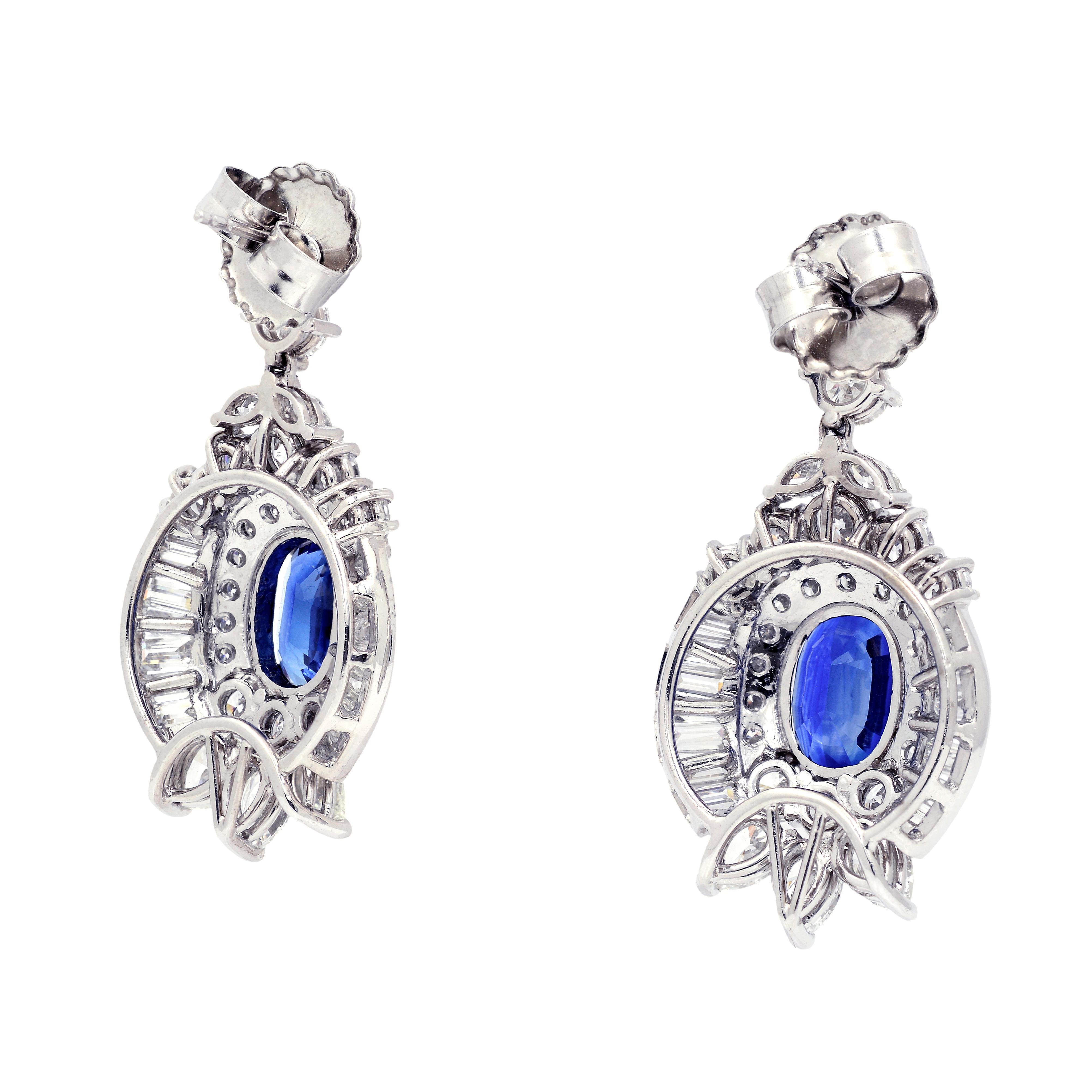 6.75 Carat Blue Sapphire and 8 Carat Diamond Platinum Drop Earrings 4