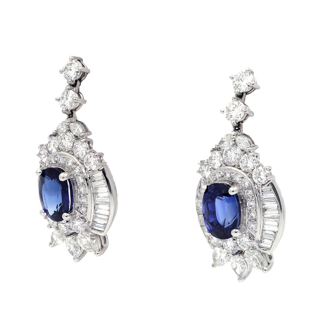 Art Deco 6.75 Carat Blue Sapphire and 8 Carat Diamond Platinum Drop Earrings