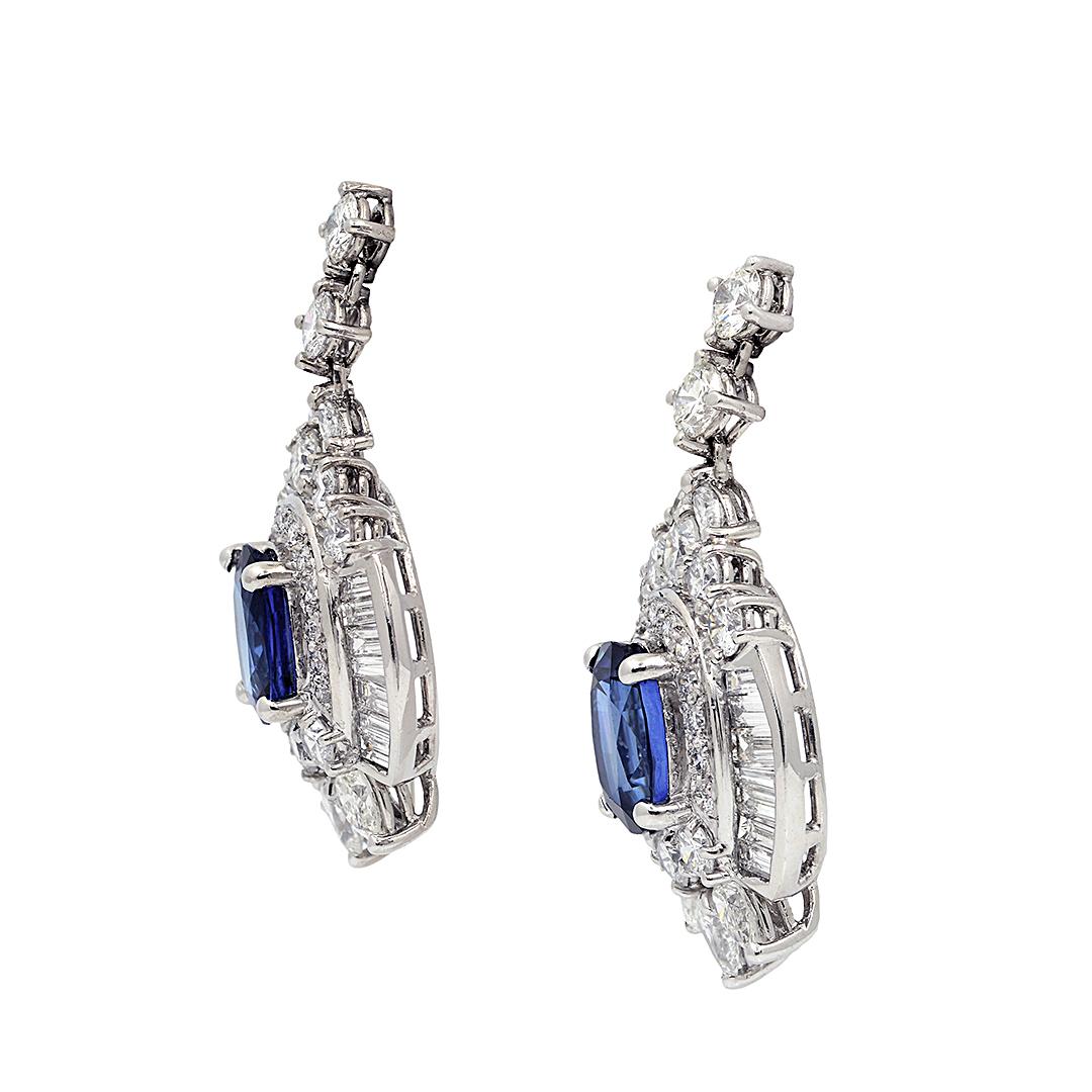 Round Cut 6.75 Carat Blue Sapphire and 8 Carat Diamond Platinum Drop Earrings