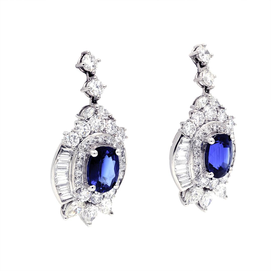 Women's 6.75 Carat Blue Sapphire and 8 Carat Diamond Platinum Drop Earrings