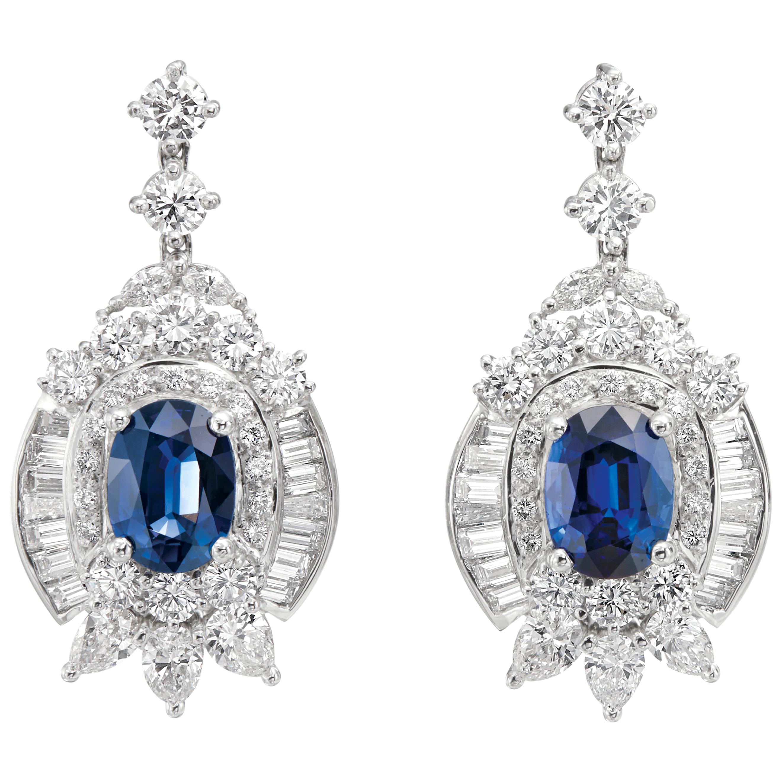 6.75 Carat Blue Sapphire and 8 Carat Diamond Platinum Drop Earrings