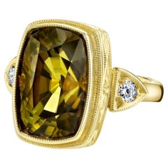 6.75 Carat Green Tourmaline and Diamond, Yellow Gold Engraved Bezel Ring