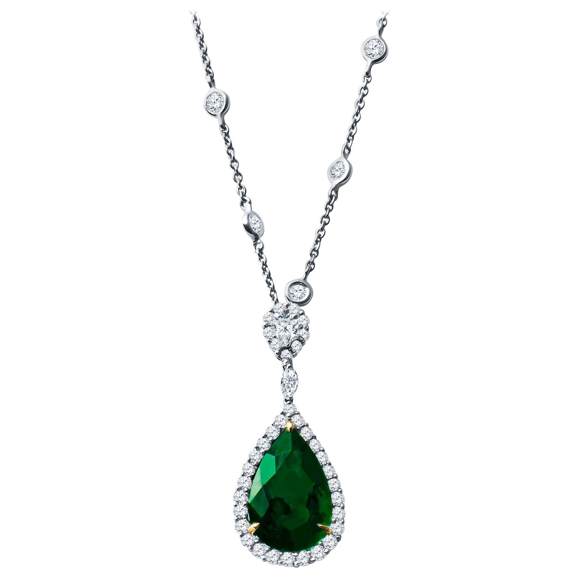 6.75 Carat Pear Shape Emerald and 3.82 Carat Round Diamond by the Yard Necklace
