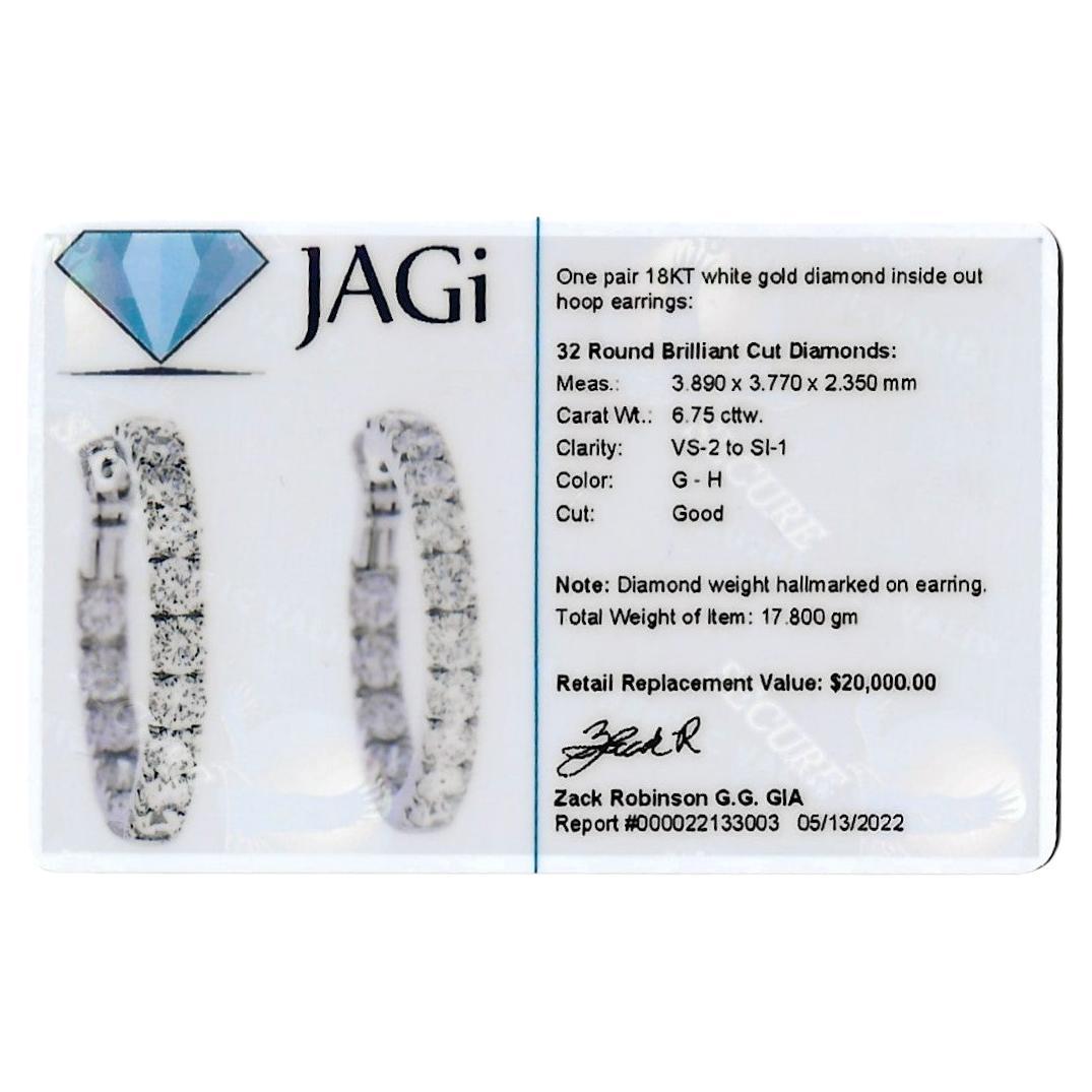 6.75 Carat Round Brilliant Diamond Inside-Out Hinged Hoop Earrings 18 Karat Gold For Sale 13