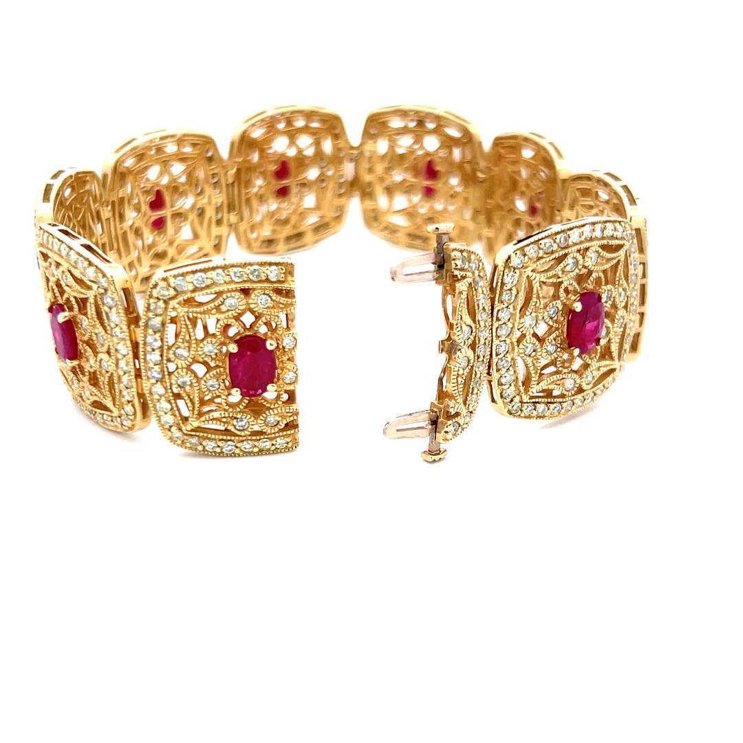 Bracelet à maillons en or jaune 14 carats avec rubis de 6,75 carats et diamants brillants ronds de 6,10 carats en vente 6