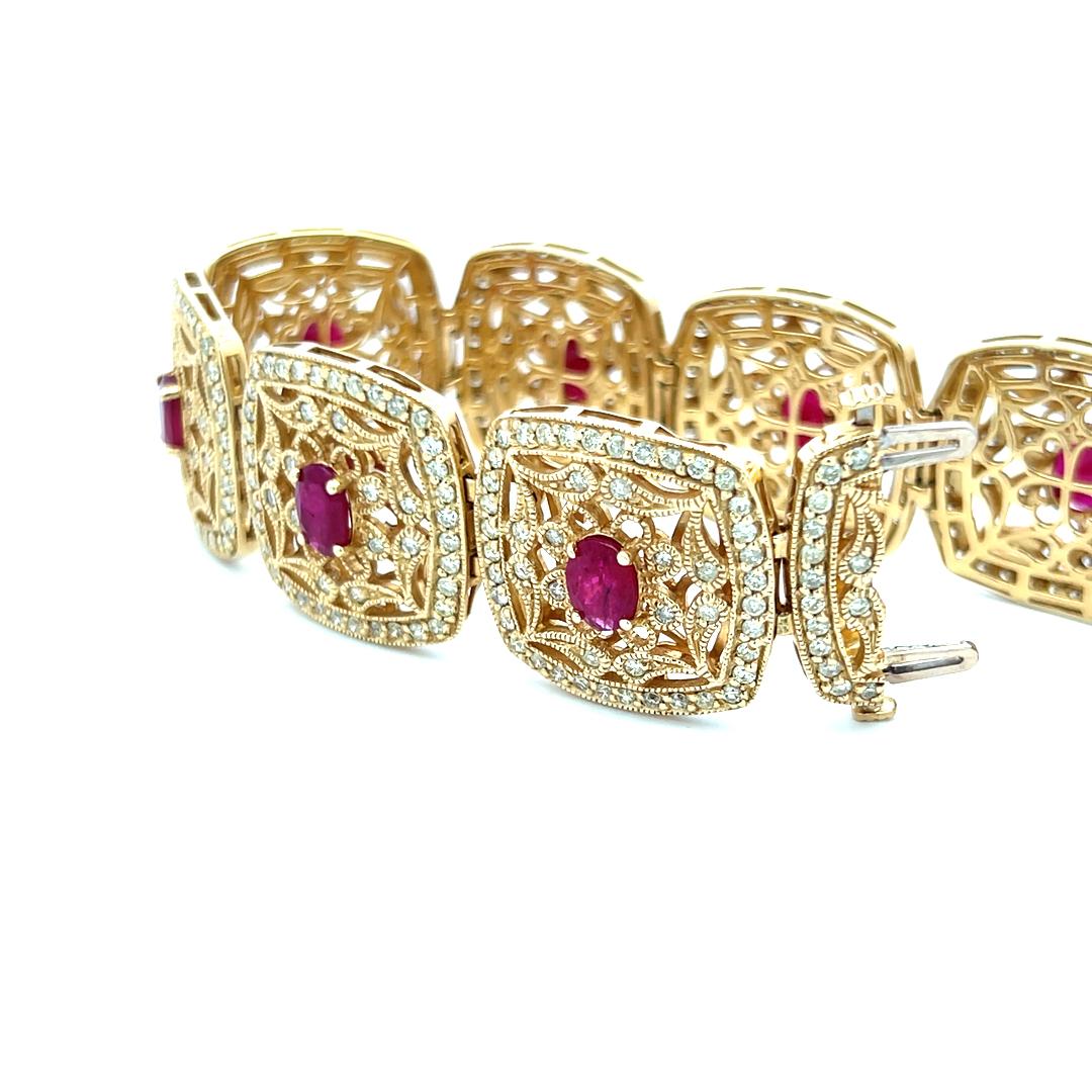 Bracelet à maillons en or jaune 14 carats avec rubis de 6,75 carats et diamants brillants ronds de 6,10 carats en vente 7