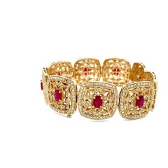 6.75 Carat Ruby 6.10 Carat Round Brilliant Diamond 14K Yellow Gold Link Bracelet