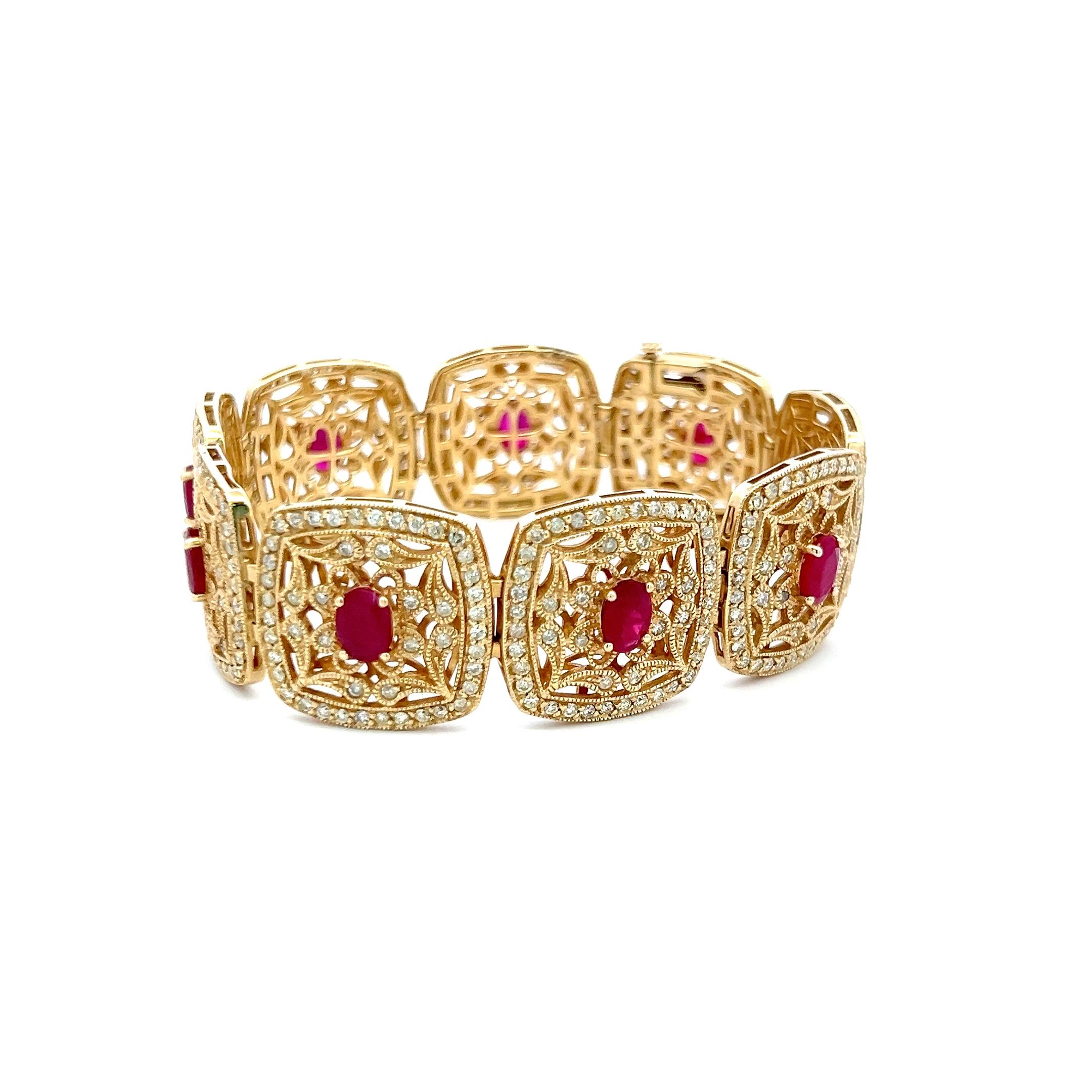 Bracelet à maillons en or jaune 14 carats avec rubis de 6,75 carats et diamants brillants ronds de 6,10 carats Bon état - En vente à New York, NY