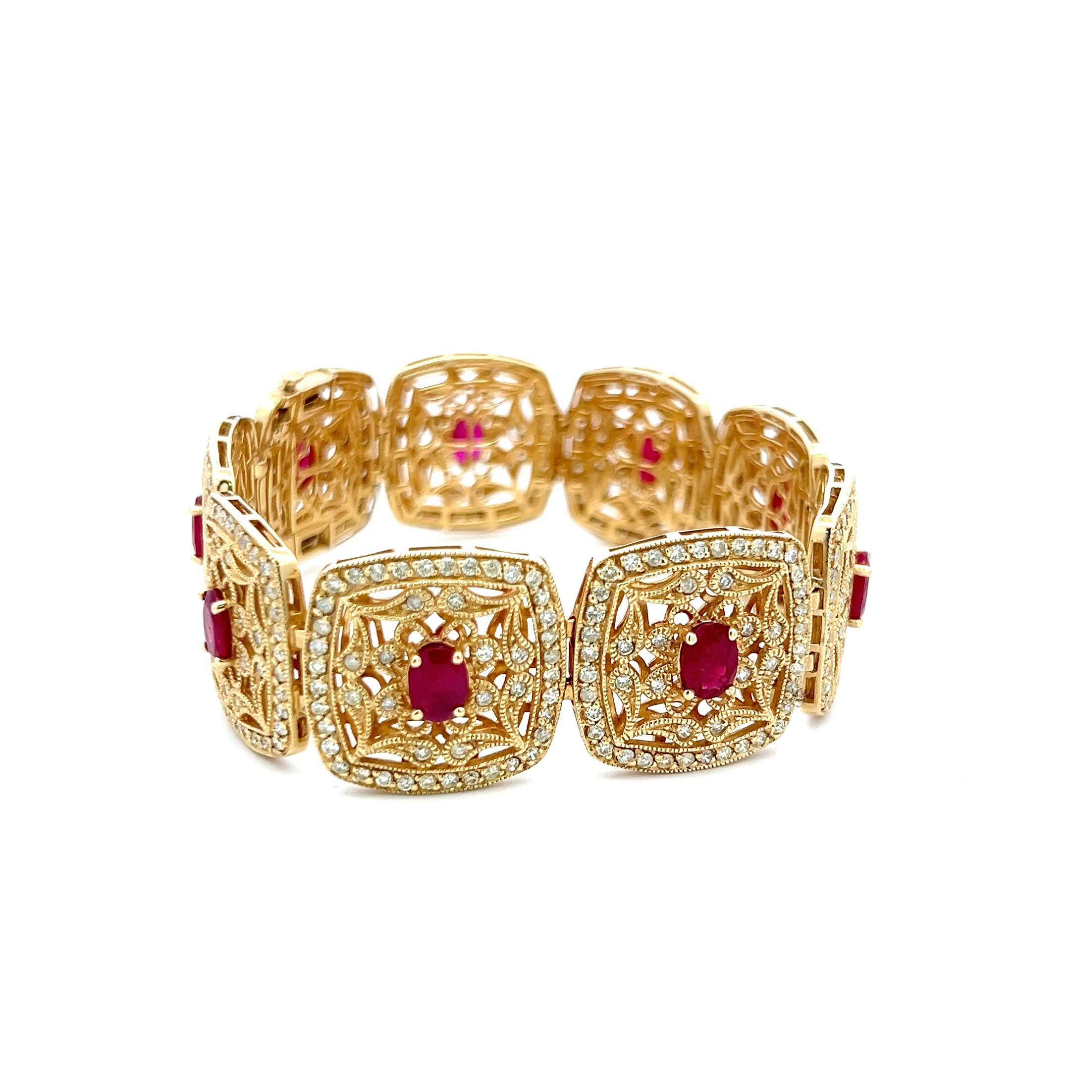 Bracelet à maillons en or jaune 14 carats avec rubis de 6,75 carats et diamants brillants ronds de 6,10 carats Pour femmes en vente