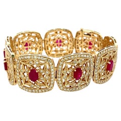 6.75 Carat Ruby 6.10 Carat Round Brilliant Diamond 14K Yellow Gold Link Bracelet