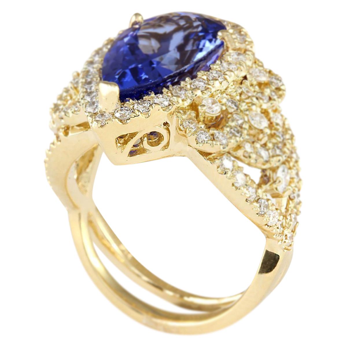 Pear Cut Natural Tanzanite Diamond Ring In 14 Karat Yellow Gold  For Sale