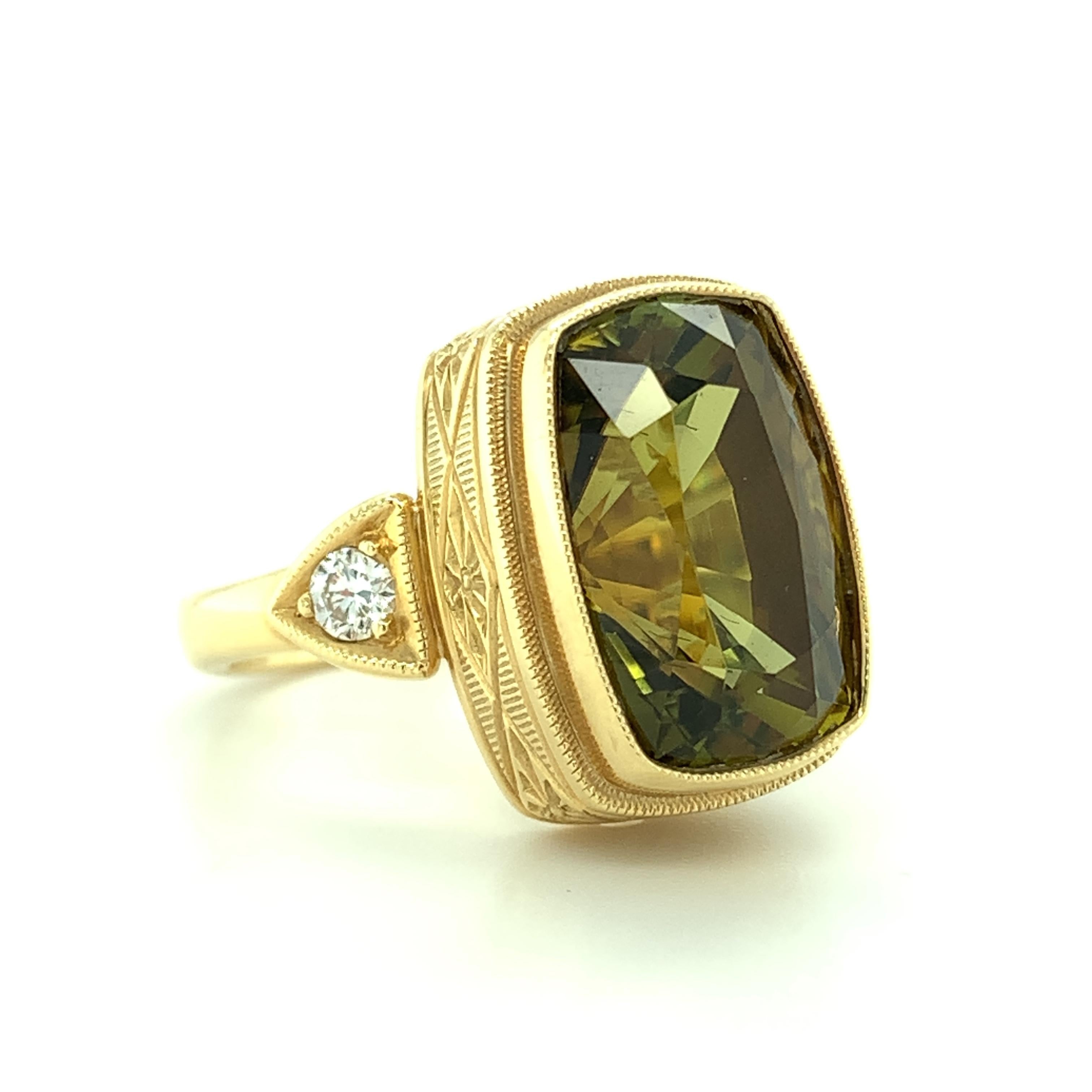 Artisan 6.75 Carat Green Tourmaline and Diamond, Yellow Gold Engraved Bezel Ring For Sale