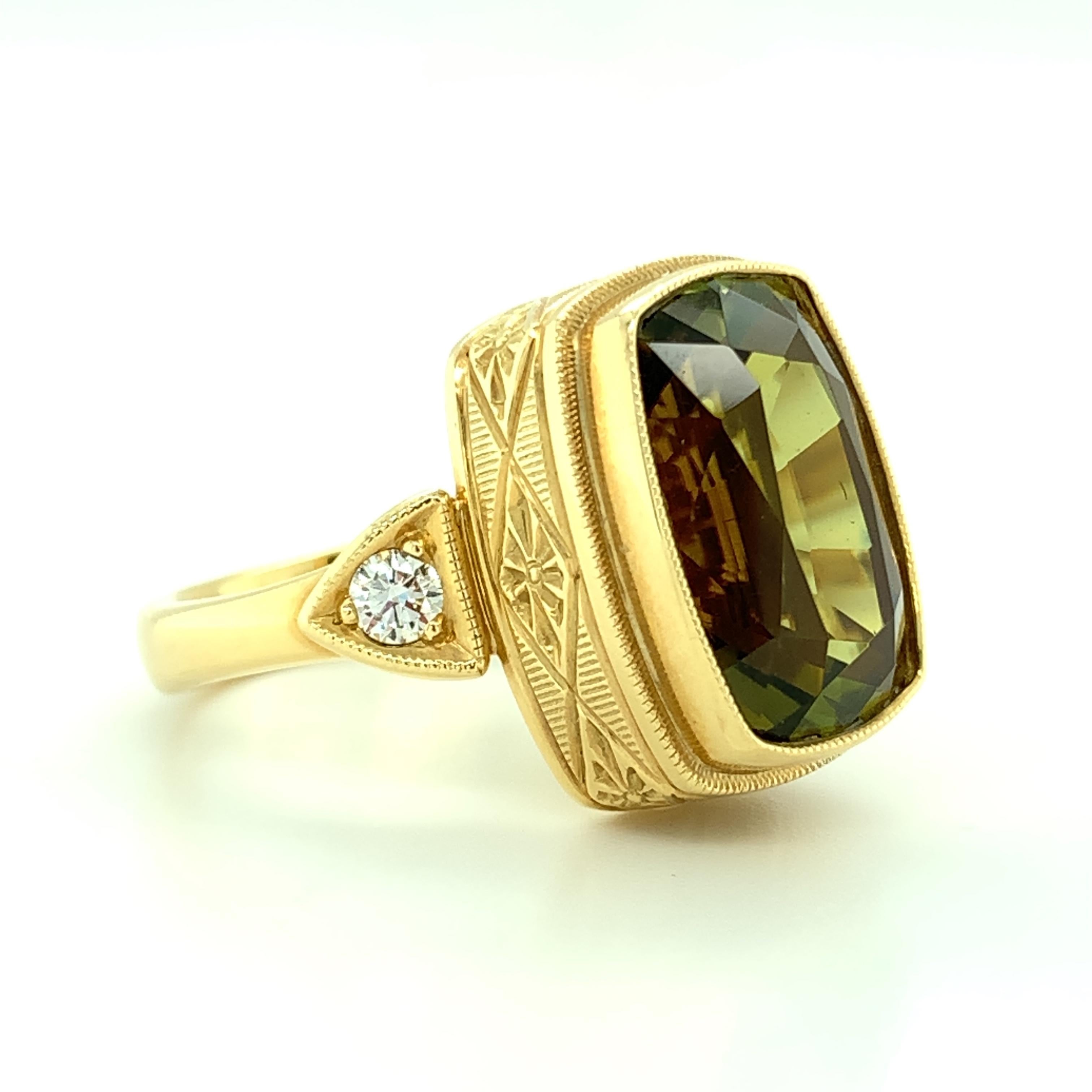 Cushion Cut 6.75 Carat Green Tourmaline and Diamond, Yellow Gold Engraved Bezel Ring For Sale