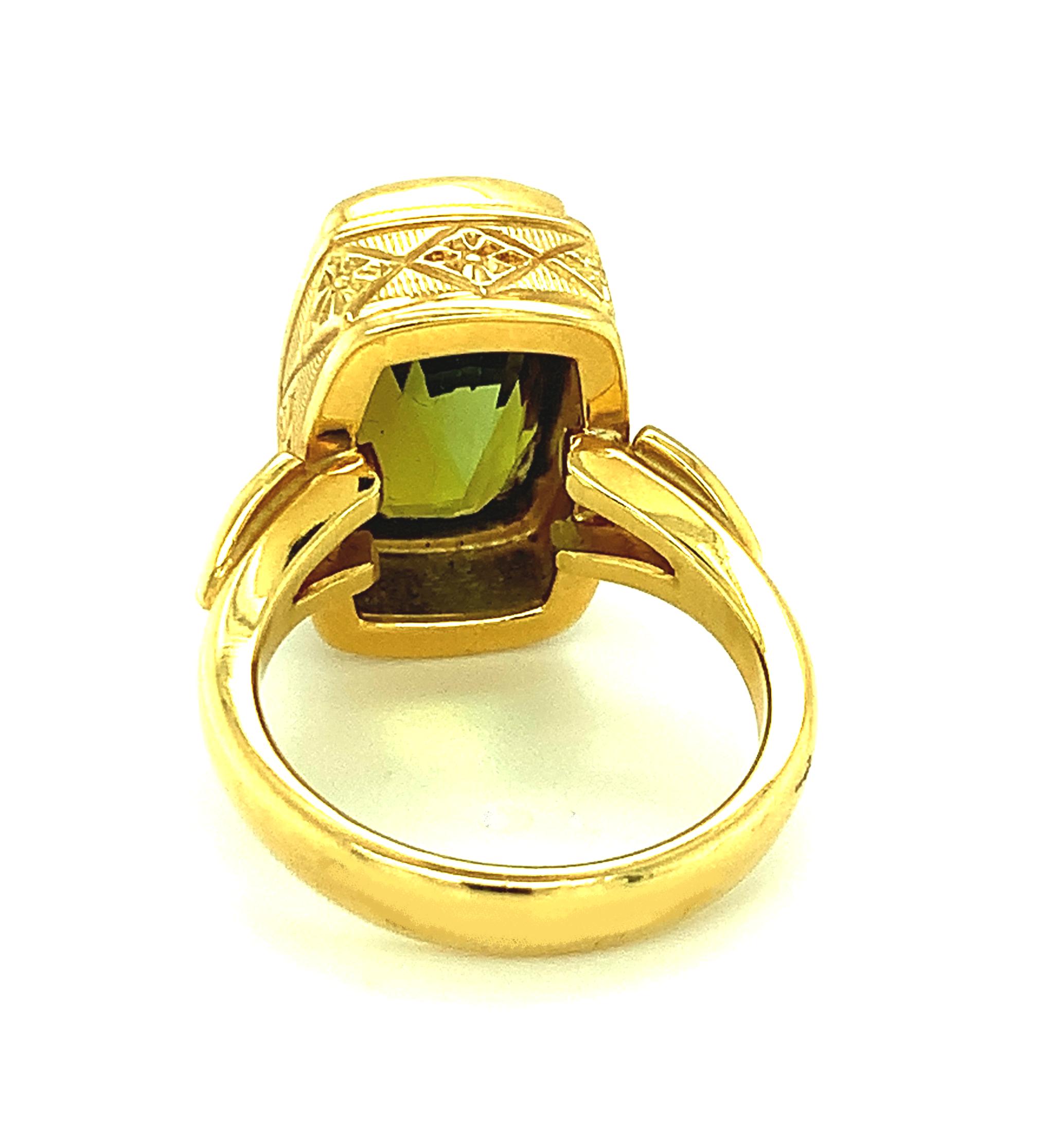 Women's or Men's 6.75 Carat Green Tourmaline and Diamond, Yellow Gold Engraved Bezel Ring For Sale