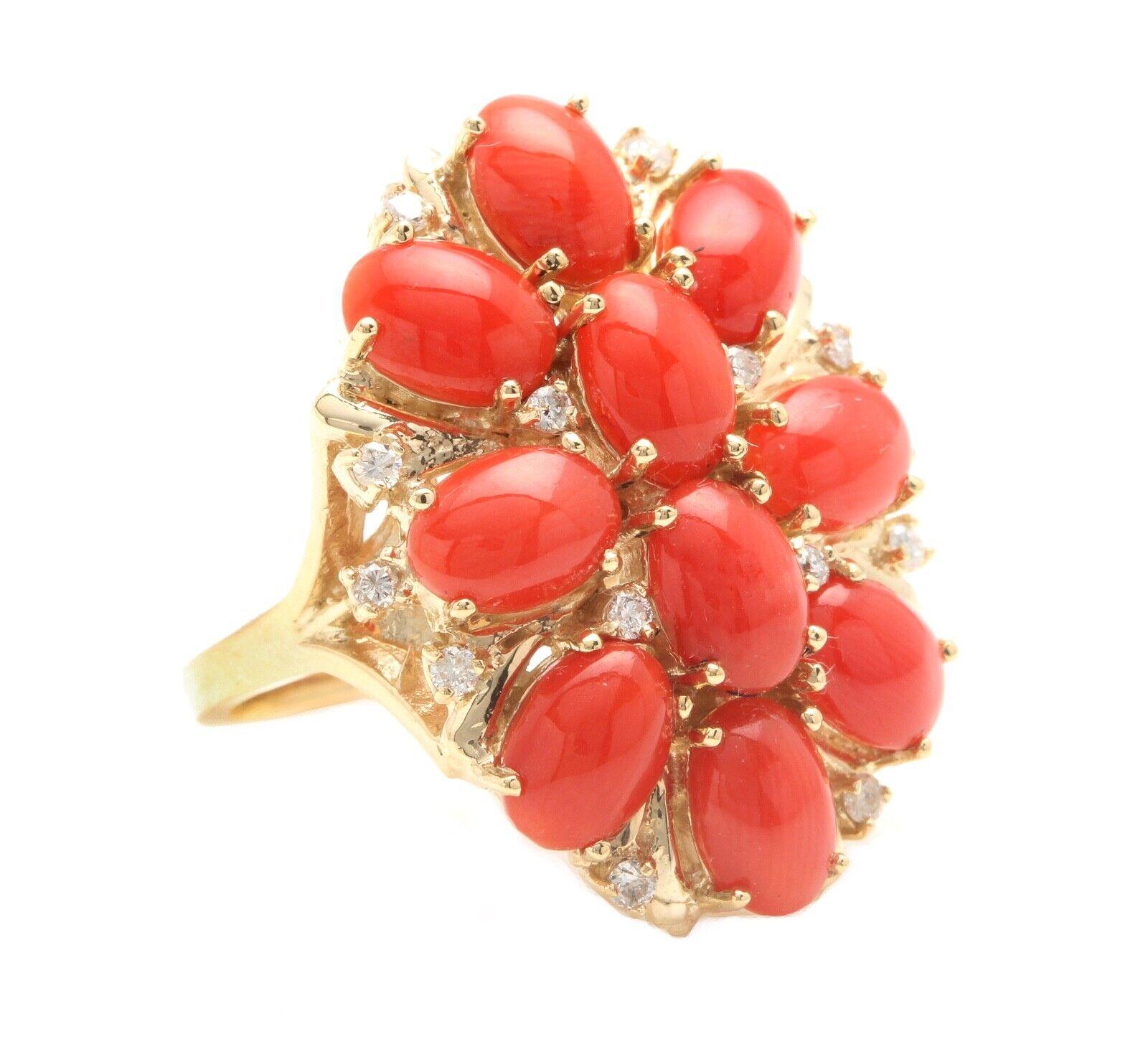 6.75 Carats Natural Coral and Diamond 14K Solid Yellow Gold Ring

Suggested Replacement Value $5,500.00

Total Natural Oval Coral Weight is: Approx. 6.50 Carats 

Coral Measures: 7.00 x 5.00 mm 

Natural Round Diamonds Weight: Approx. 0.25 Carats