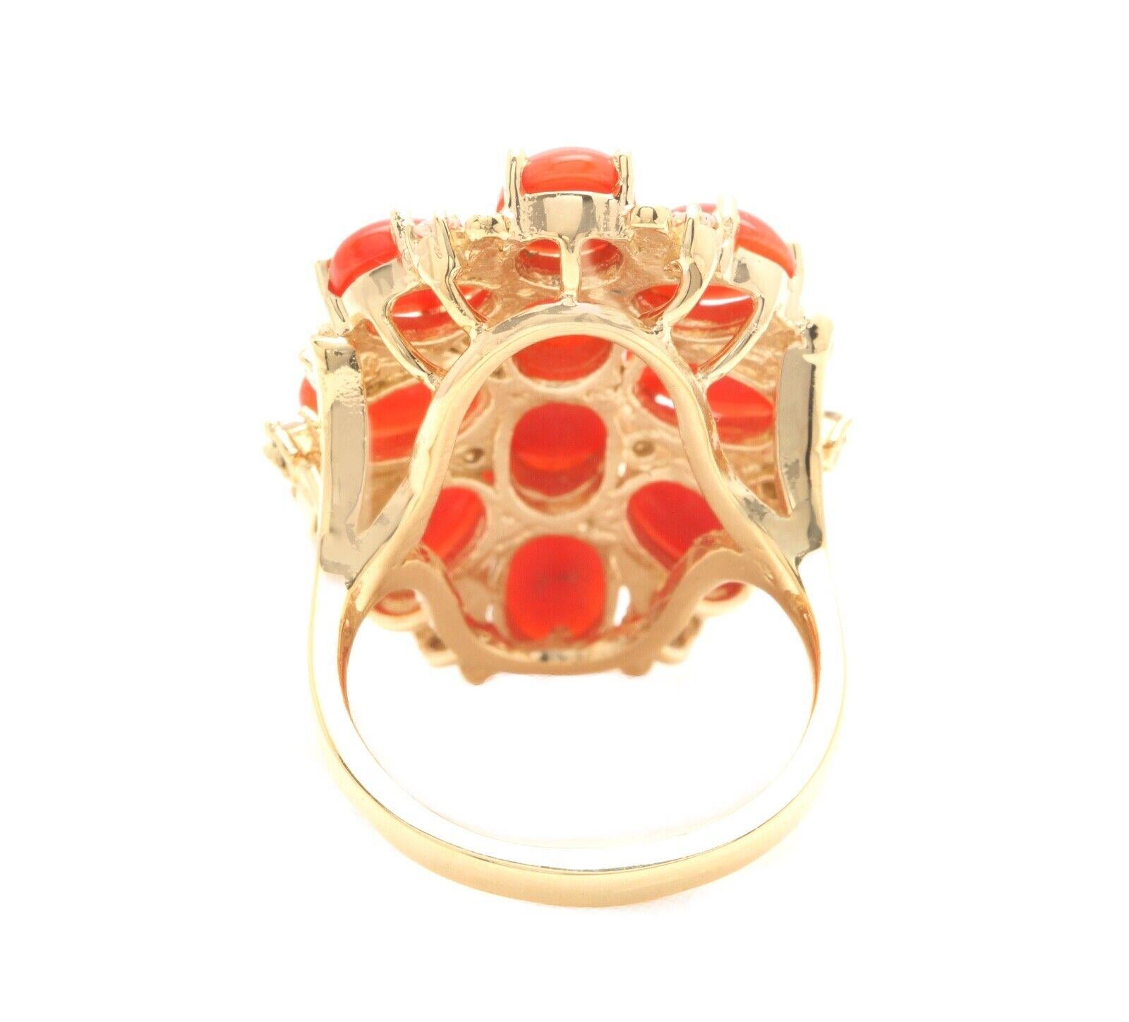 Mixed Cut 6.75 Carats Natural Impressive Coral and Diamond 14K Solid Yellow Gold Ring For Sale