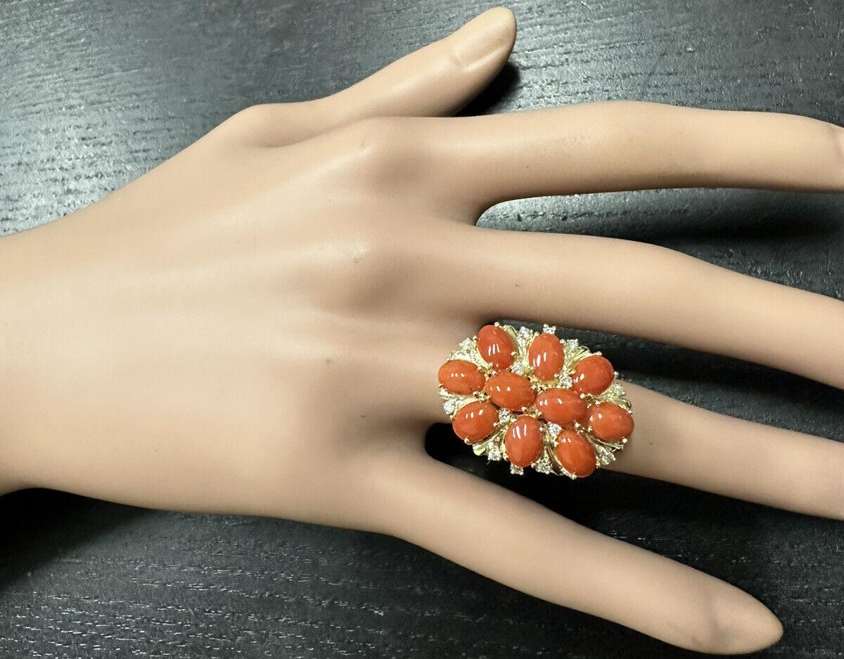 6.75 Carats Natural Impressive Coral and Diamond 14K Solid Yellow Gold Ring In New Condition For Sale In Los Angeles, CA