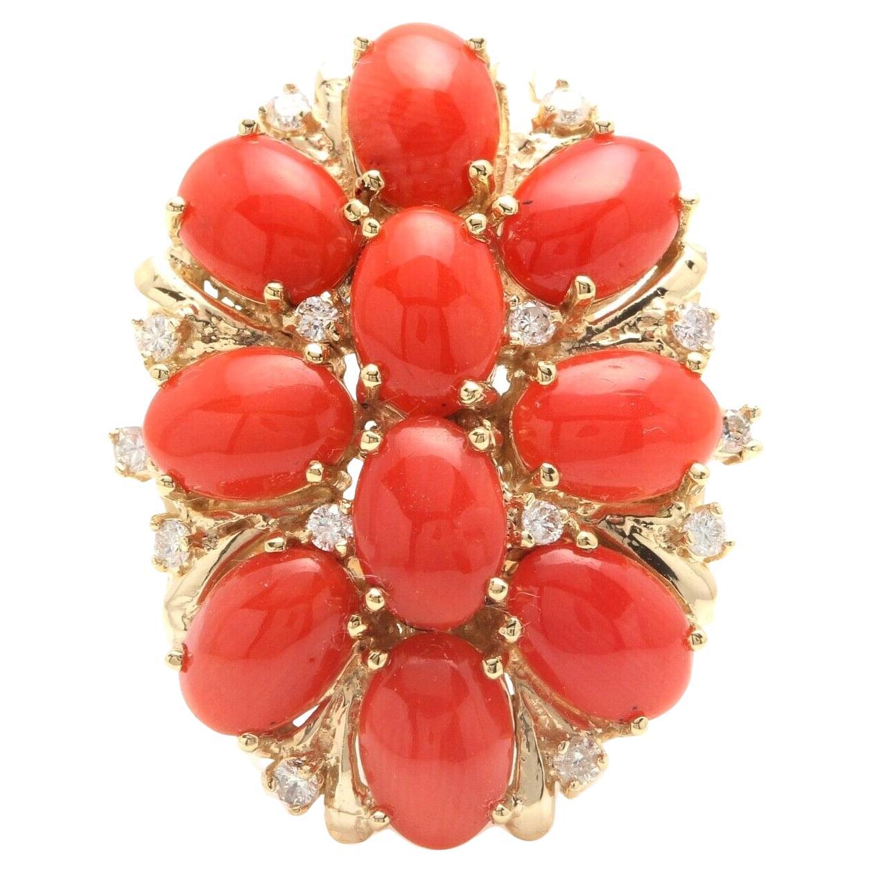 6.75 Carats Natural Impressive Coral and Diamond 14K Solid Yellow Gold Ring