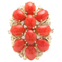 6.75 Carats Natural Impressive Coral and Diamond 14K Solid Yellow Gold Ring