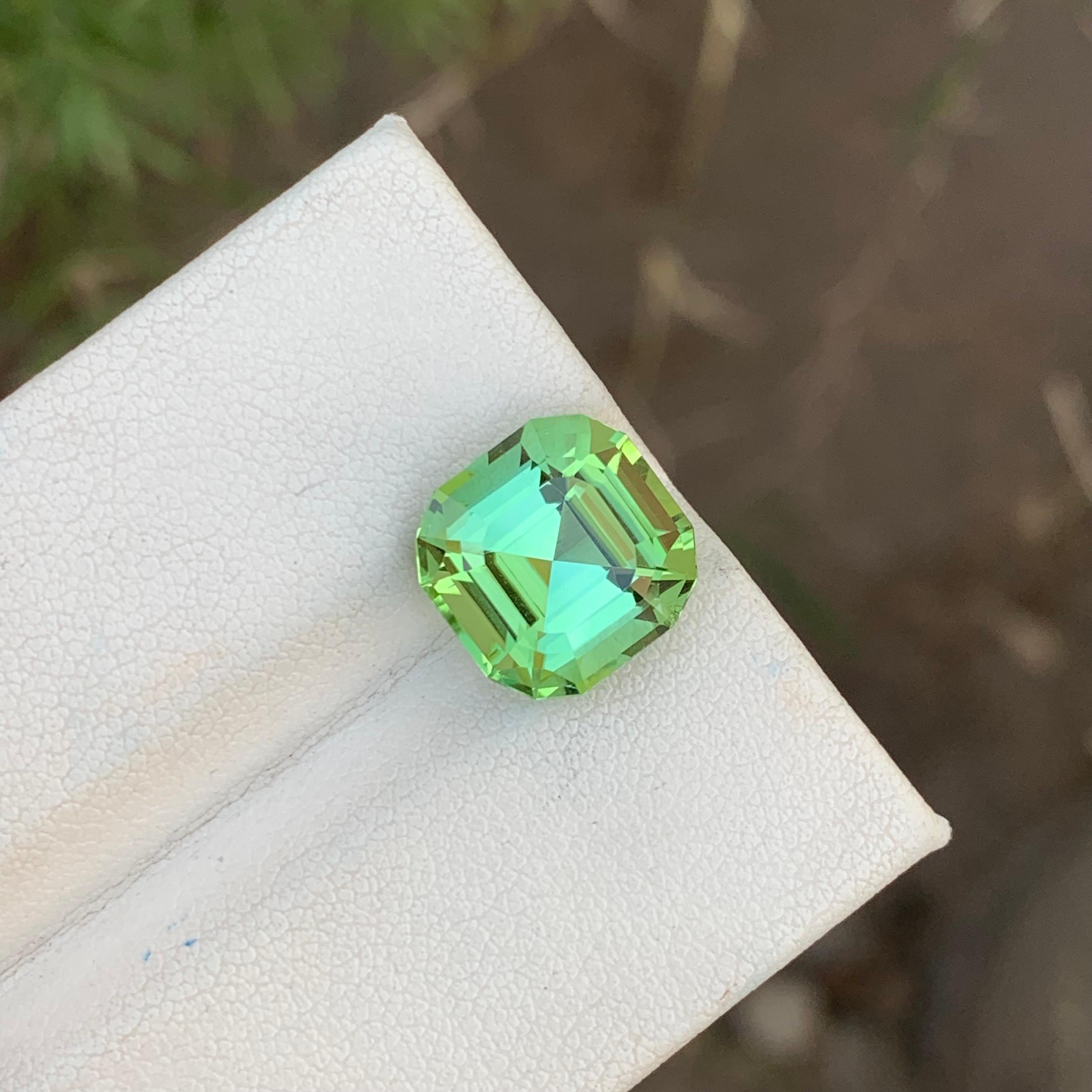 Loose Tourmaline 
Weight: 6.75 Carats 
Dimension: 11.4x11.1x8 Mm
Origin: Kunar Afghanistan 
Shape: Square Oval Angle
Cut: Asscher 
Certificate: On Customer Demand
Treatment: Non
Green Tourmaline, with its enchanting lagoon shade, stands as a
