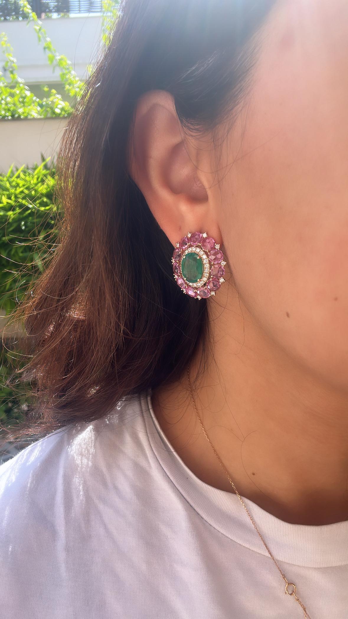 Clous d'oreilles en émeraude naturelle de Zambie, saphirs roses et diamants de 6,75 carats en vente 4