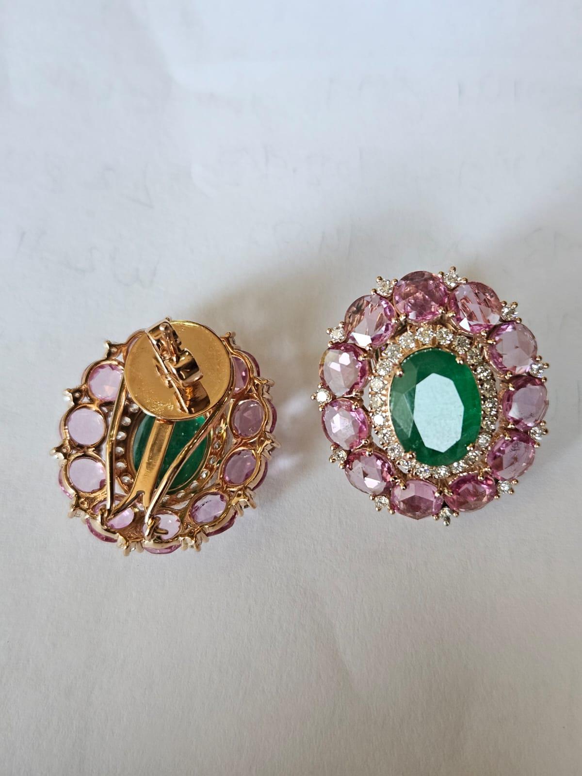 Modern 6.75 carats, natural Zambian Emerald, Pink Sapphires & Diamonds Stud Earrings For Sale