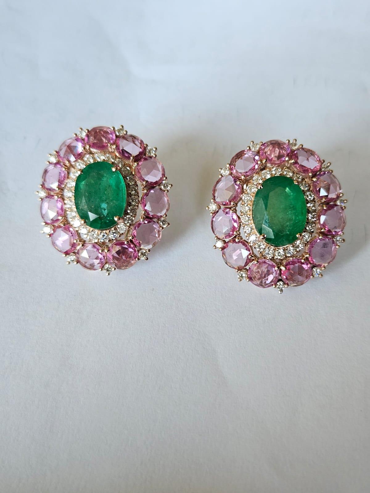 Ohrstecker mit 6,75 Karat natürlichem sambischem Smaragd, rosa Saphiren und Diamanten (Rosenschliff)