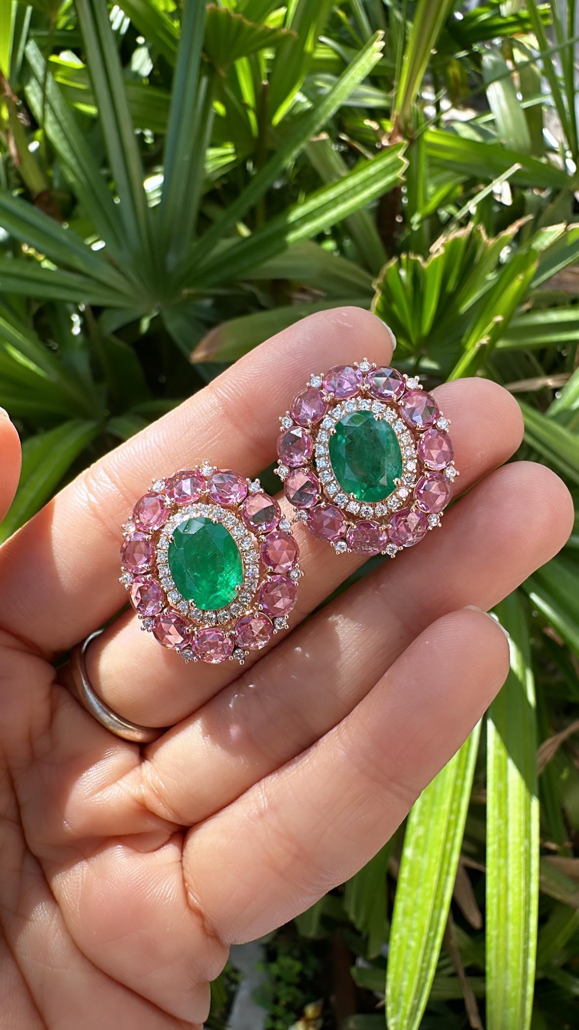 6.75 carats, natural Zambian Emerald, Pink Sapphires & Diamonds Stud Earrings In New Condition For Sale In Hong Kong, HK