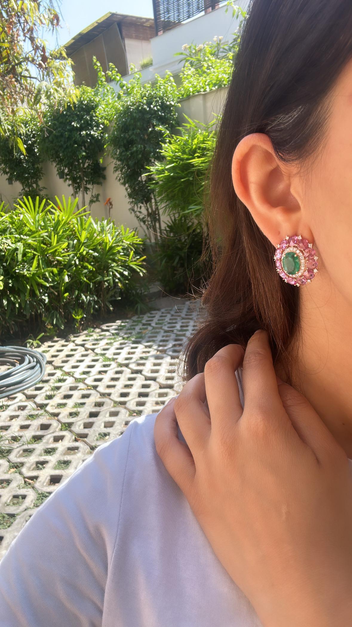 Clous d'oreilles en émeraude naturelle de Zambie, saphirs roses et diamants de 6,75 carats Unisexe en vente