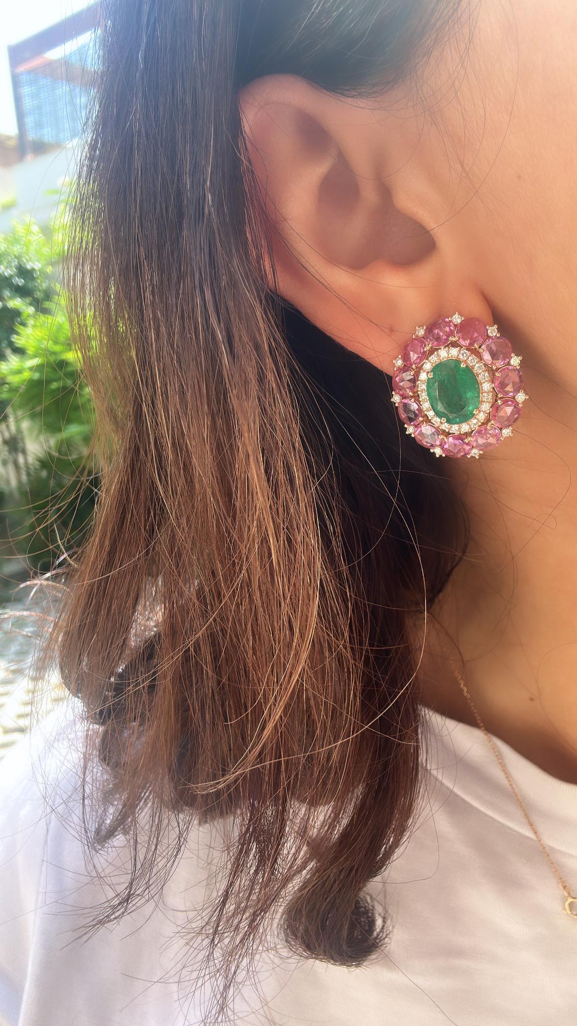 Clous d'oreilles en émeraude naturelle de Zambie, saphirs roses et diamants de 6,75 carats en vente 1