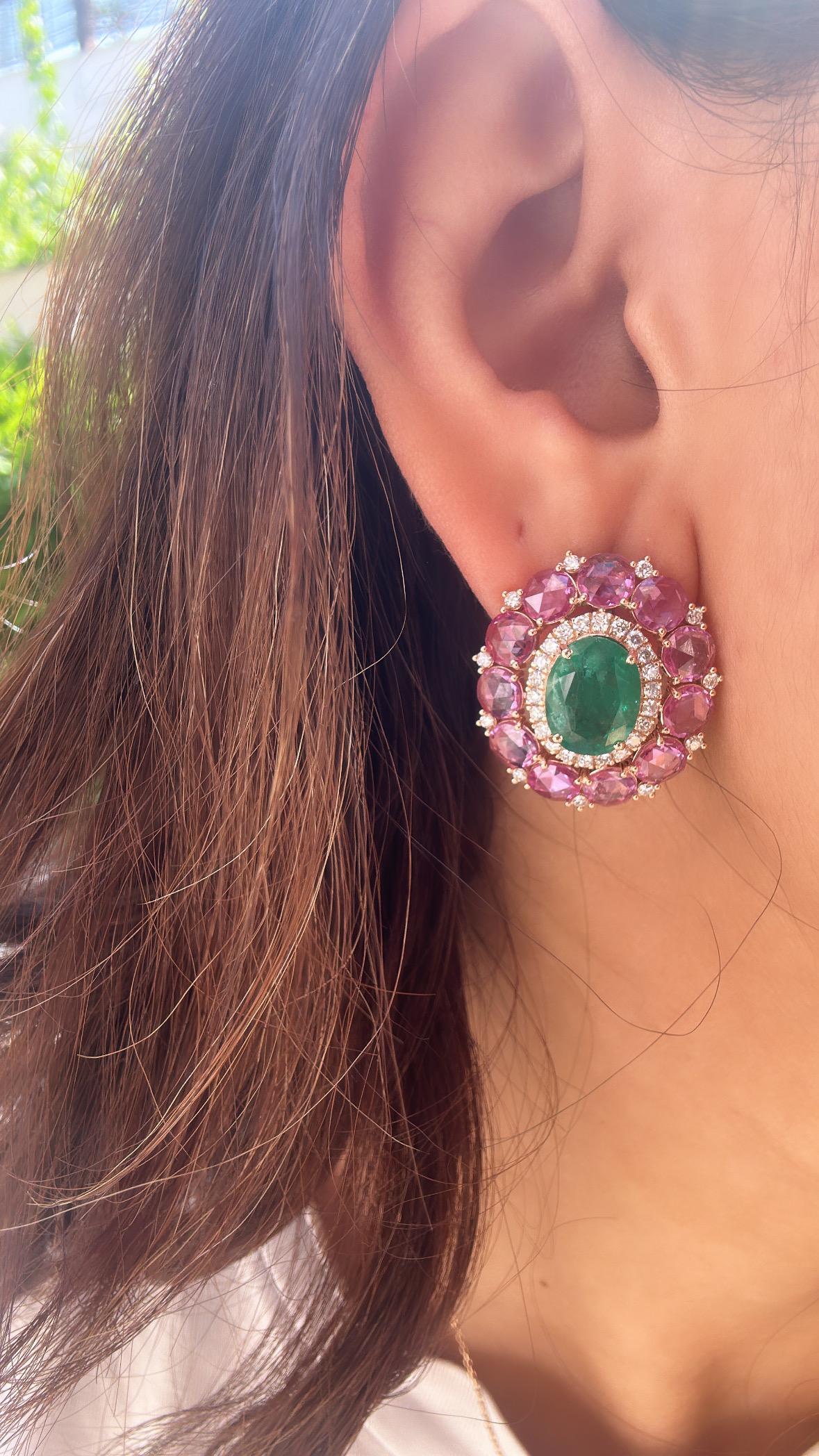 Clous d'oreilles en émeraude naturelle de Zambie, saphirs roses et diamants de 6,75 carats en vente 2