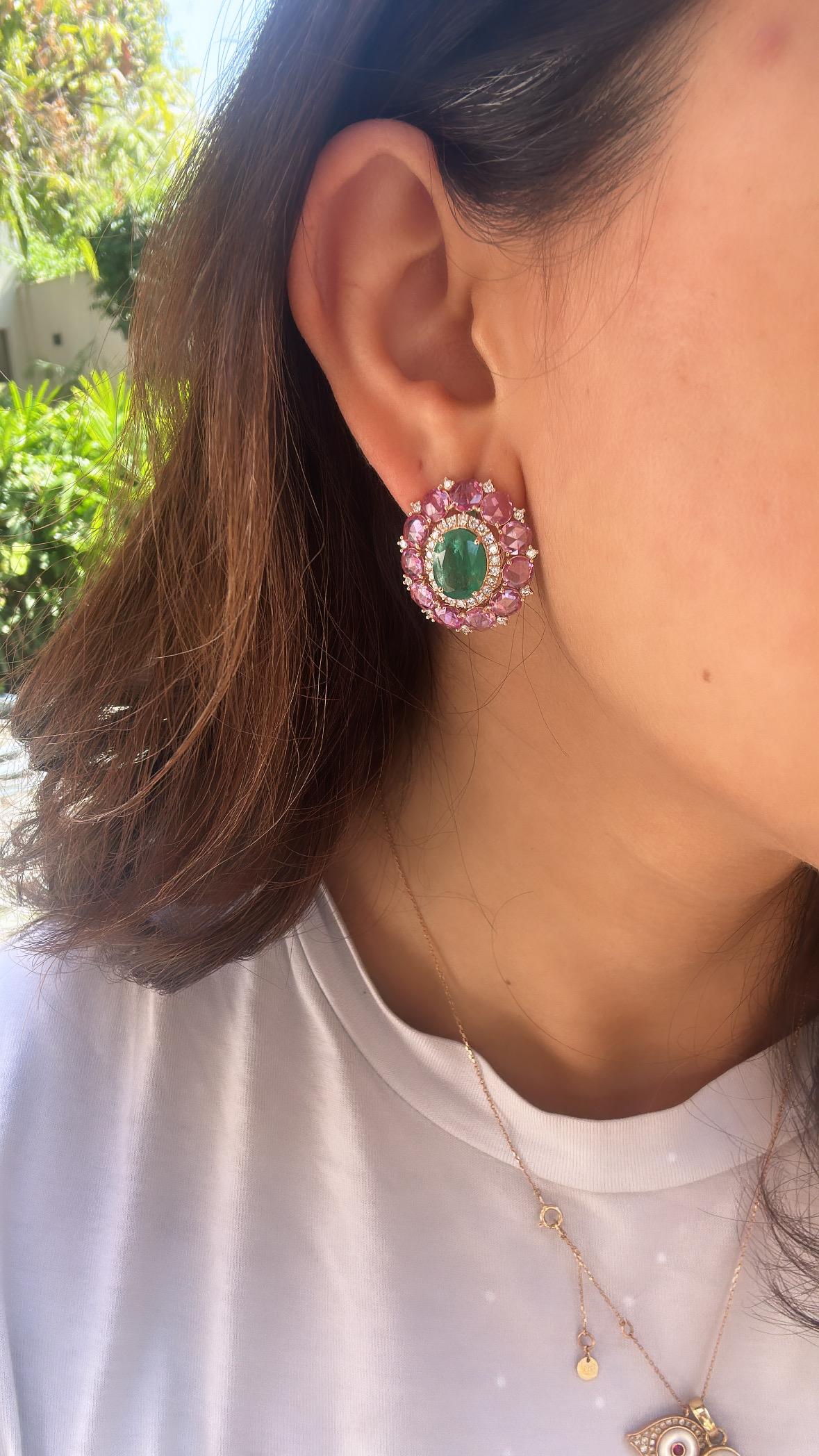 Clous d'oreilles en émeraude naturelle de Zambie, saphirs roses et diamants de 6,75 carats en vente 3