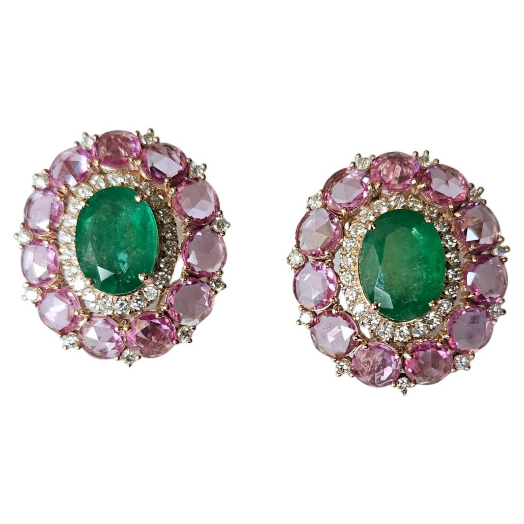 6.75 carats, natural Zambian Emerald, Pink Sapphires & Diamonds Stud Earrings For Sale