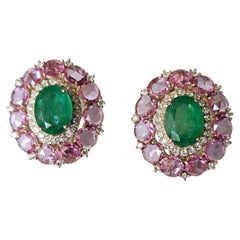6.75 carats, natural Zambian Emerald, Pink Sapphires & Diamonds Stud Earrings