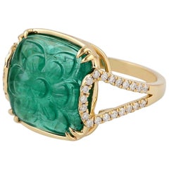 6.75 Carved Emerald 18 Karat Gold Diamond Ring