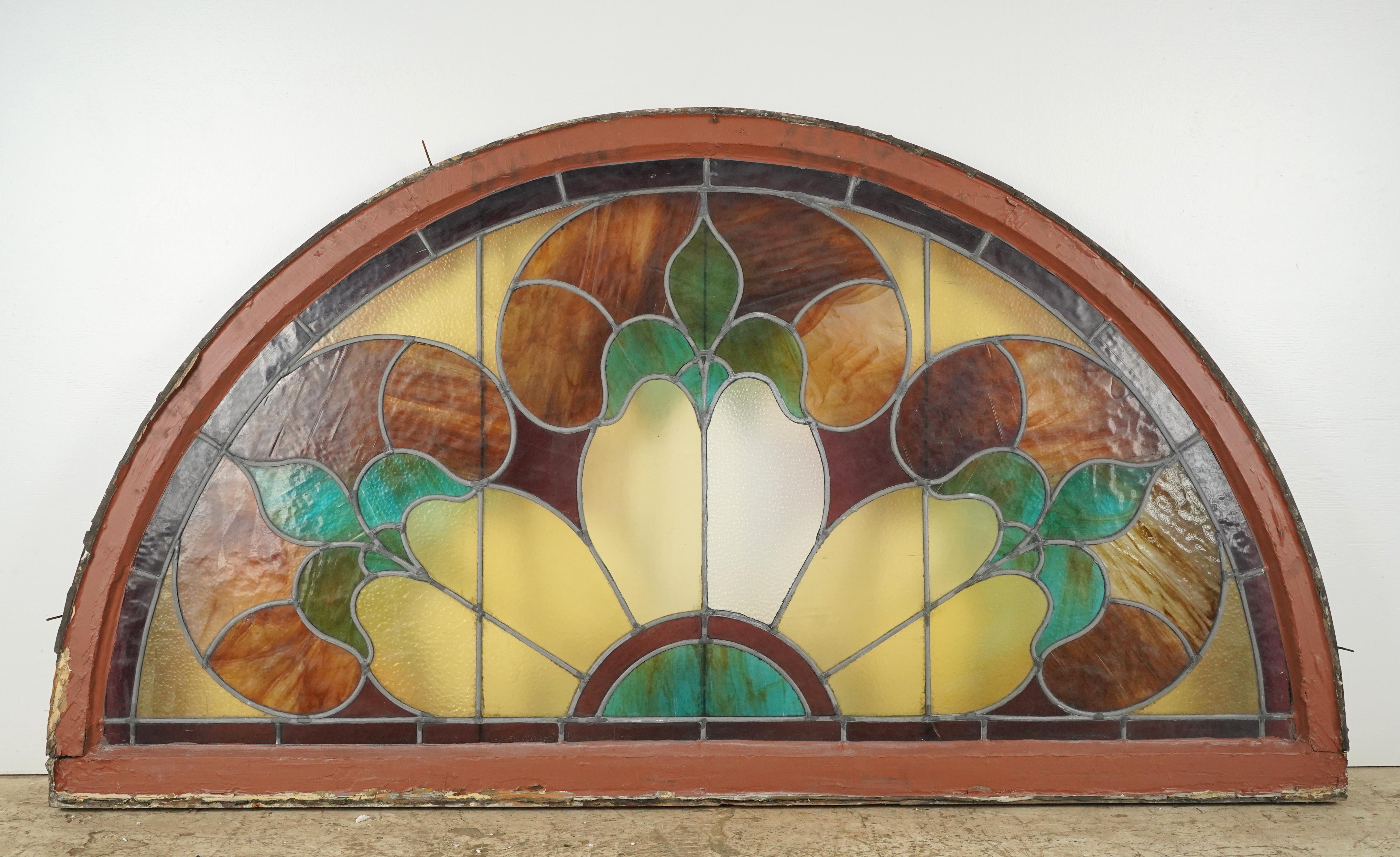 67.5 in. Wide Leaded Stained Glass Arched Window For Sale 5