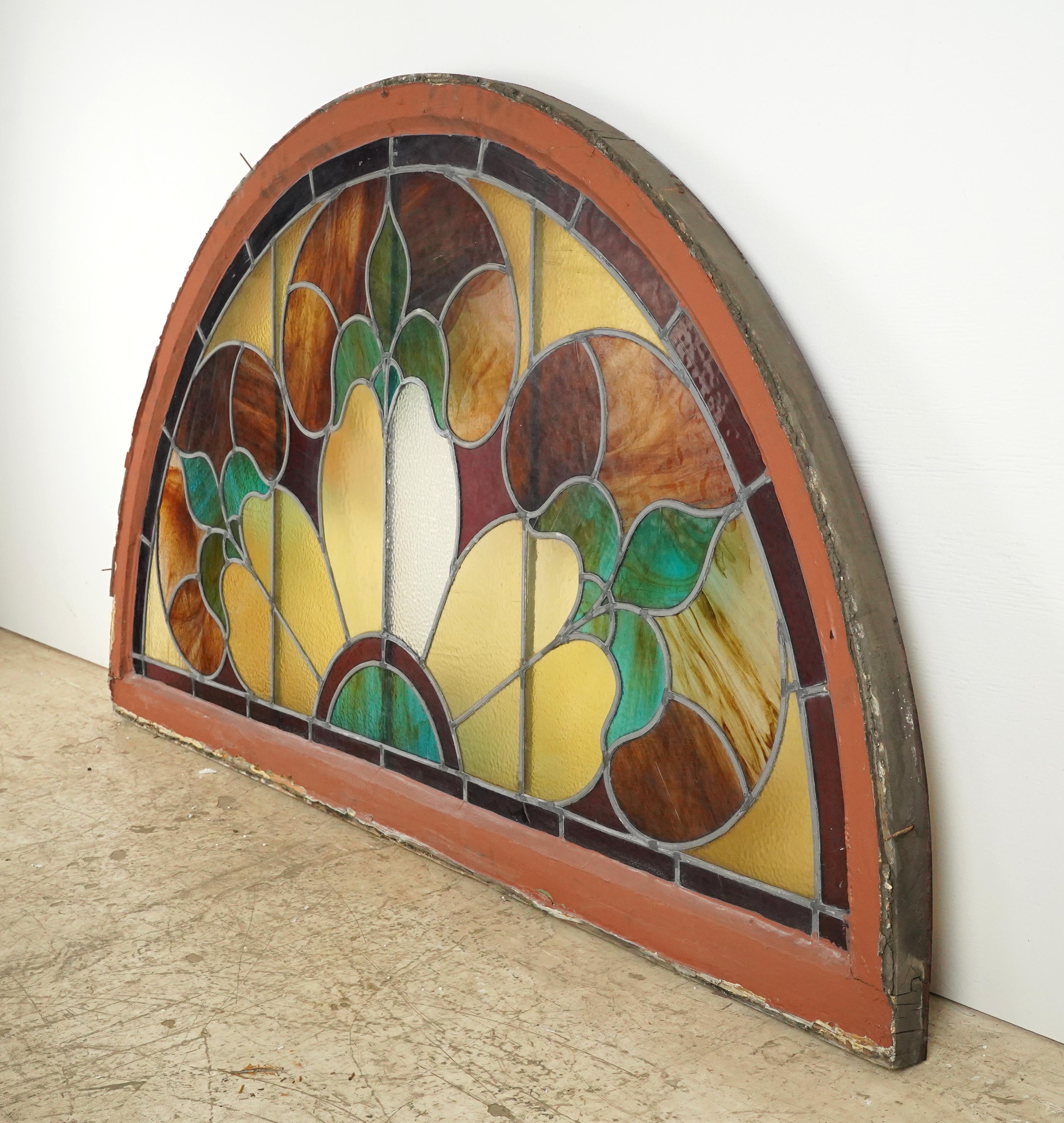 67.5 in. Wide Leaded Stained Glass Arched Window For Sale 9