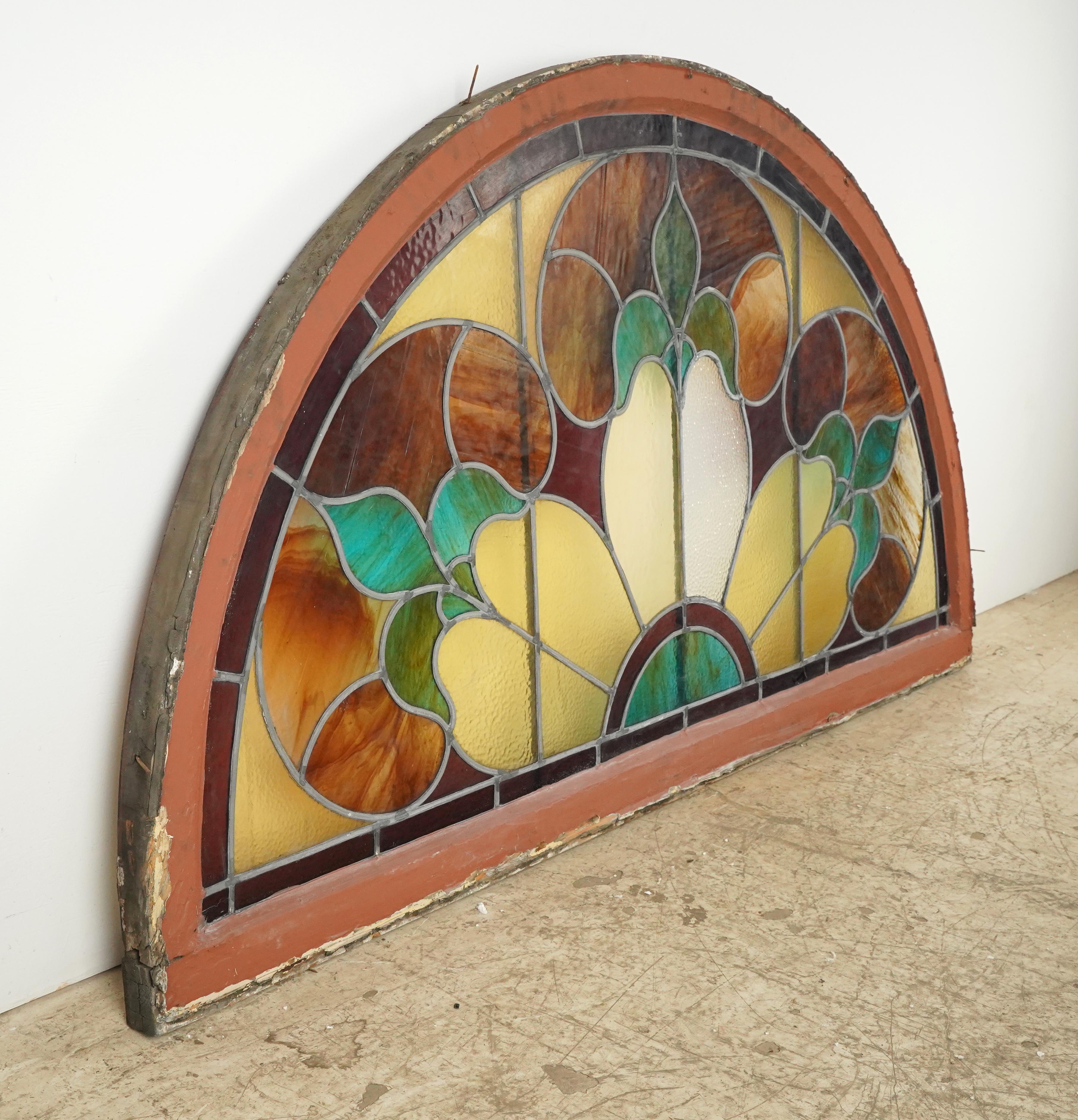 67.5 in. Wide Leaded Stained Glass Arched Window For Sale 10