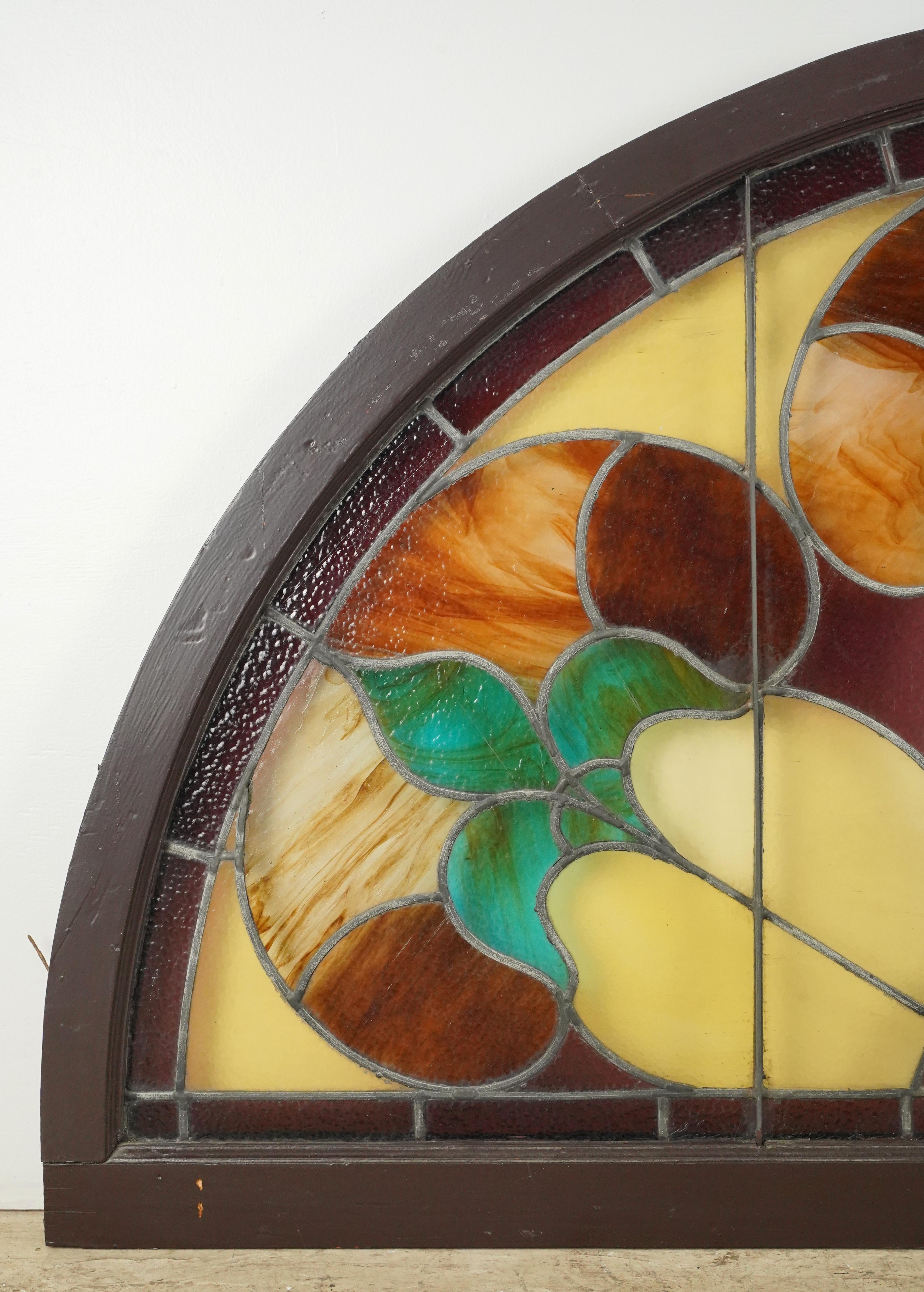 American 67.5 in. Wide Leaded Stained Glass Arched Window For Sale