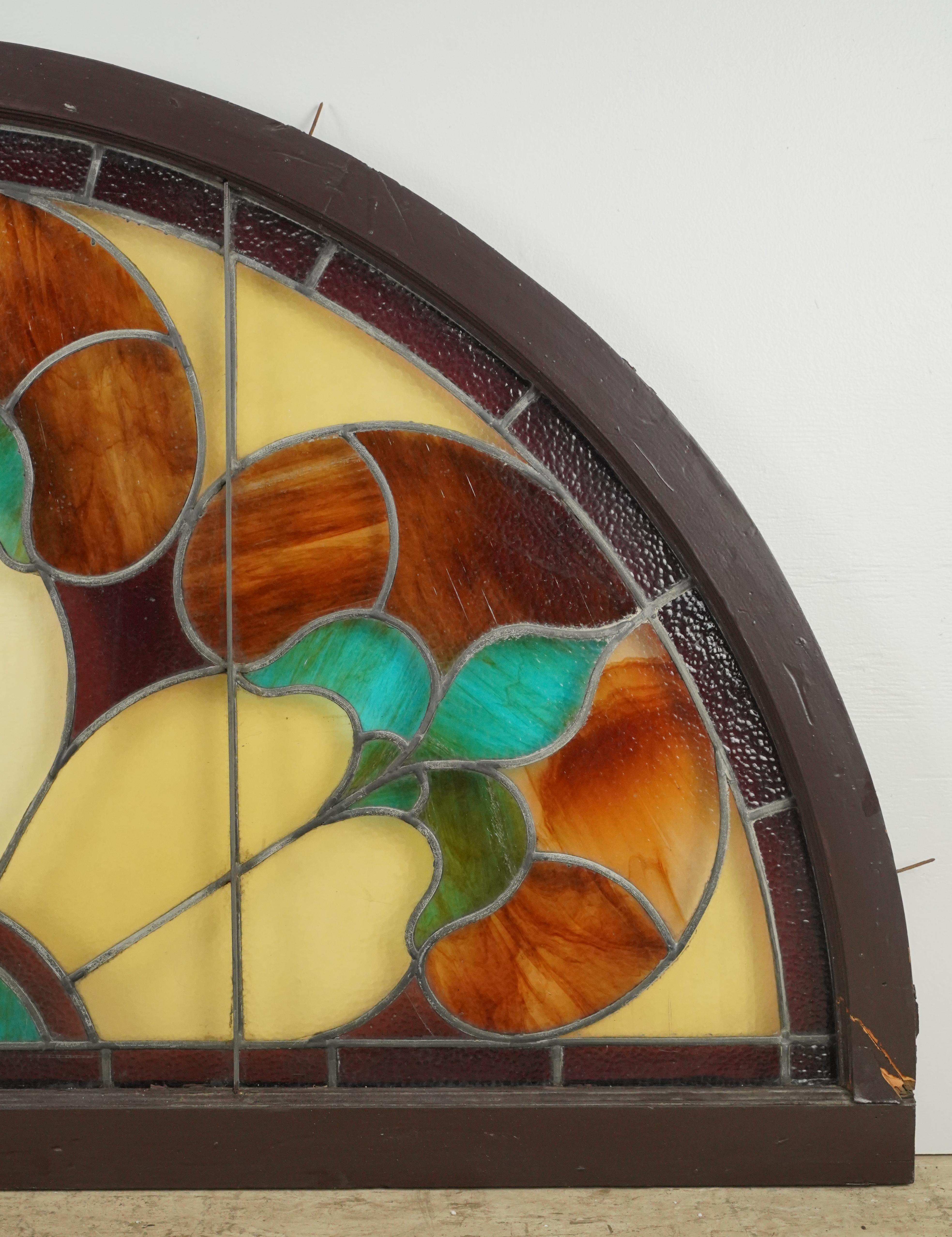 20th Century 67.5 in. Wide Leaded Stained Glass Arched Window For Sale