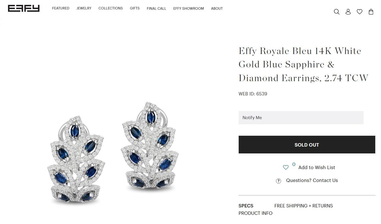 $6750 / New / EFFY Royale Blue 14K White Gold Blue Sapphire & Diamond Earrings In New Condition In Rancho Mirage, CA